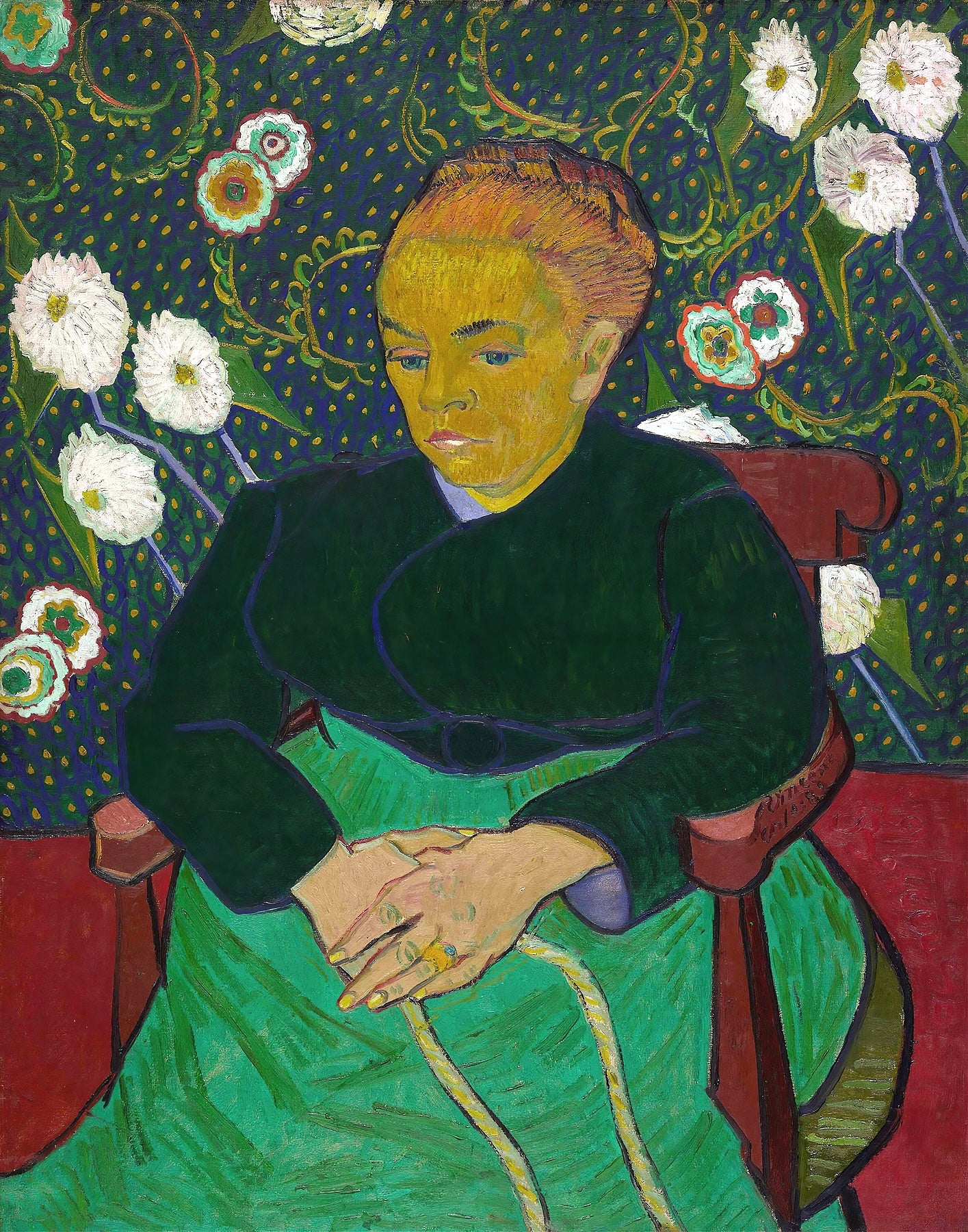 Vinyl Decal, Classic Seated Woman Portrait Art Print, Vibrant Green Blue Floral Wall Decor, Unframed