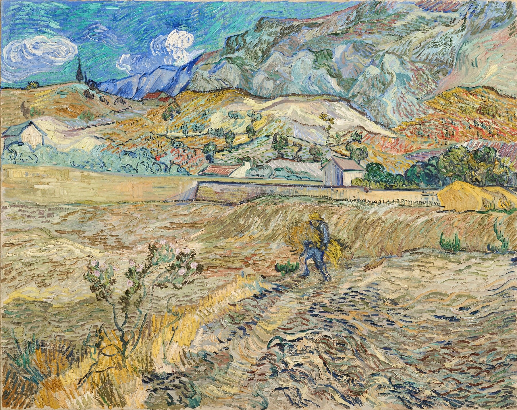 Vinyl Decal, Vibrant Harvest Scene with Field Worker and Mountain Backdrop, Expressive Post-Impressi