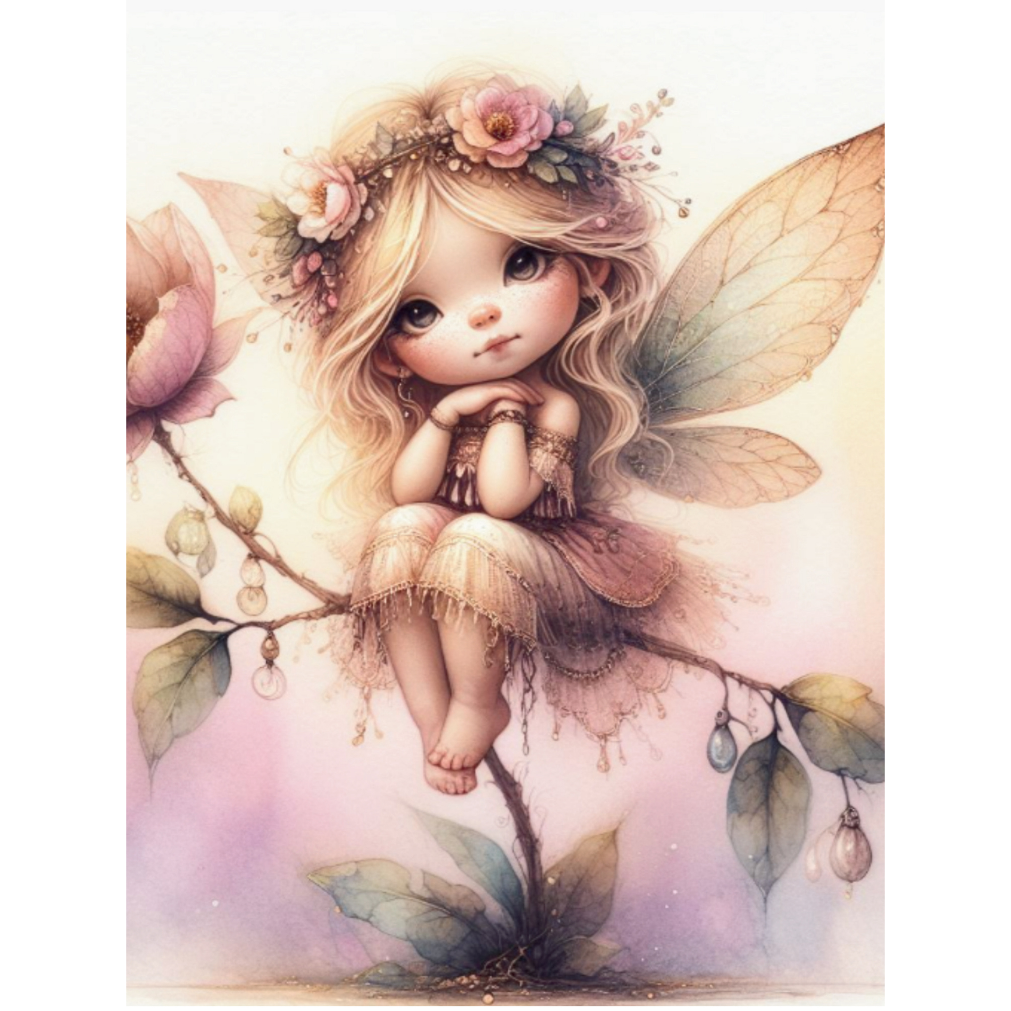 Vinyl Decal, Charming Small Figure with Wing Accents Sitting on a Plant Branch Adorned with Floral H