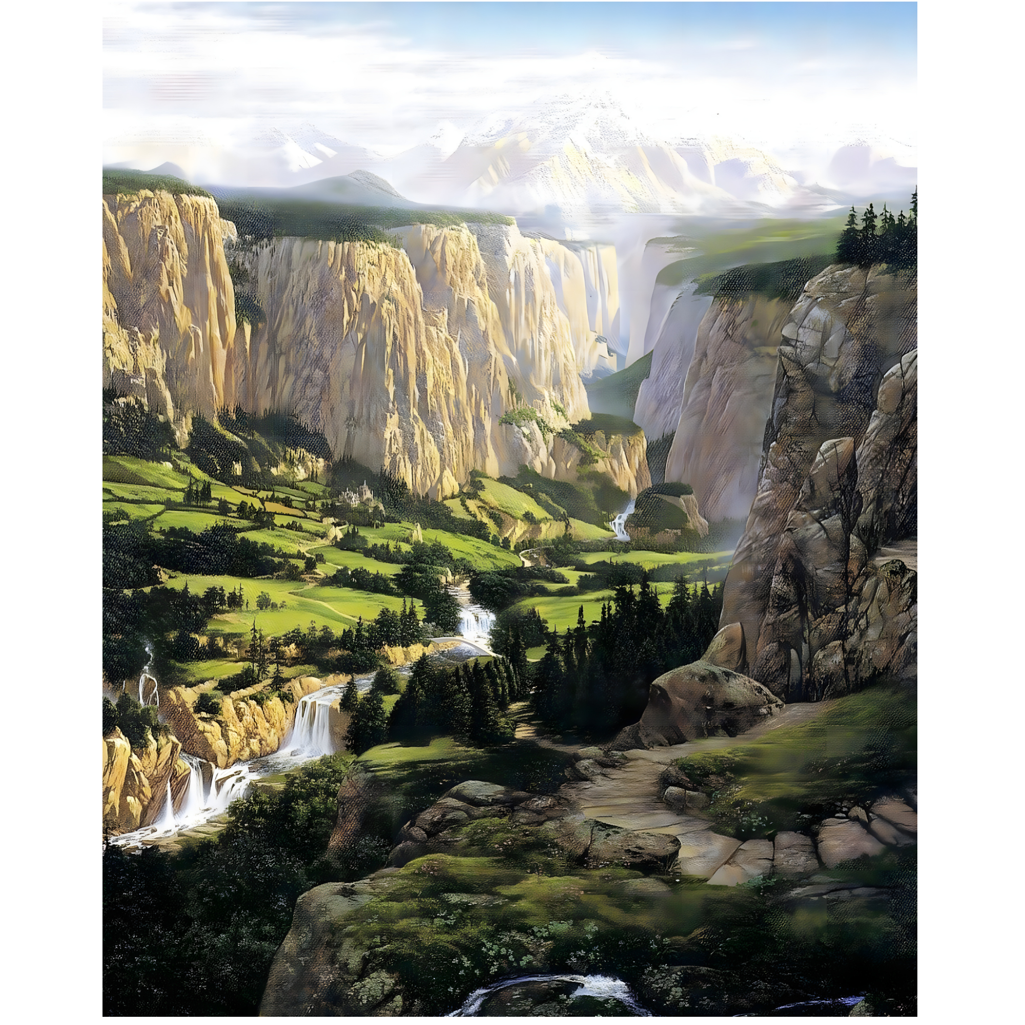 Vinyl Decal, Stunning Mountain Valley Landscape Art Print - Vibrant Nature Scene with Waterfalls and
