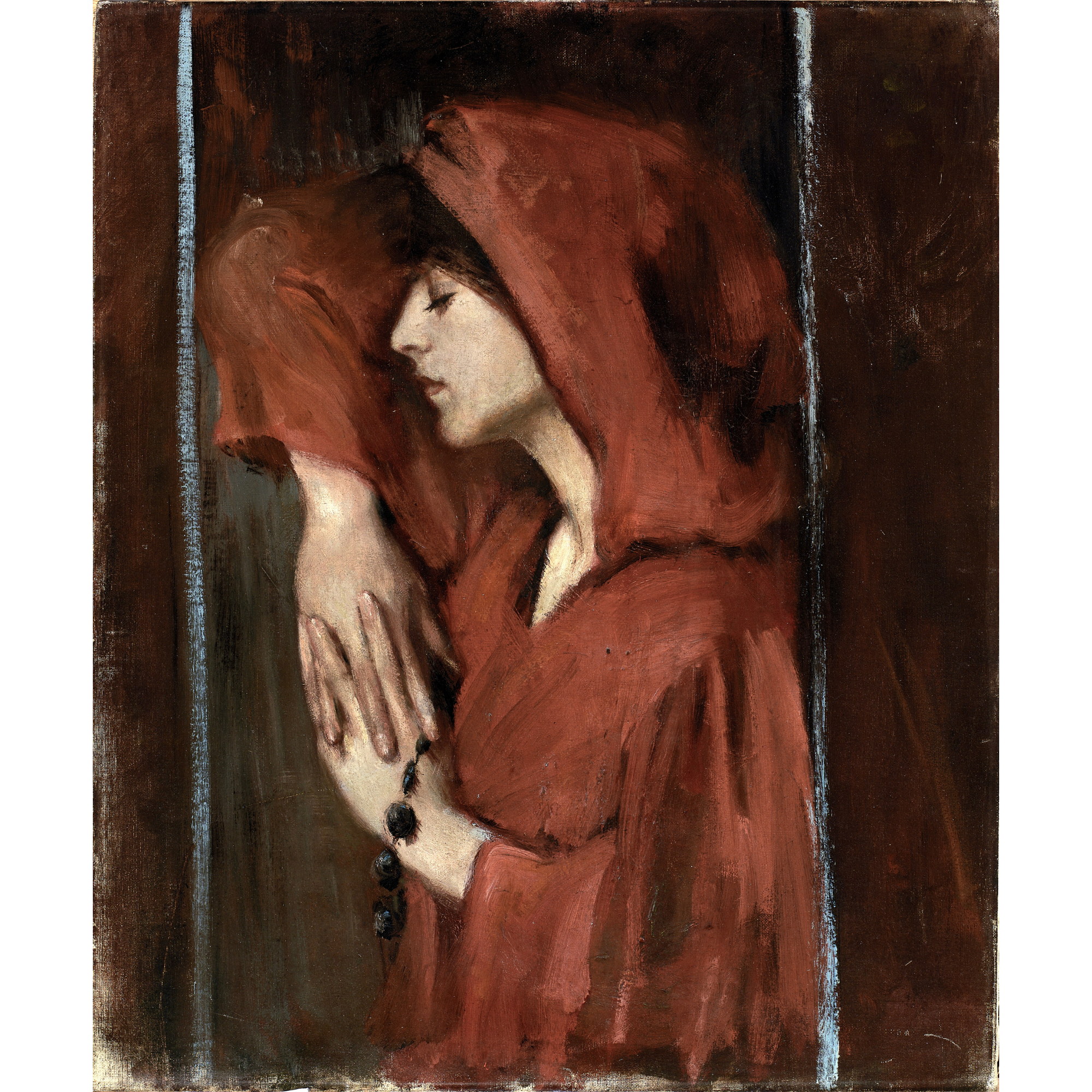 Vinyl Decal, Elegant Portrait of a Woman in a Striking Red Hooded Garment Classic Artistic Expressio