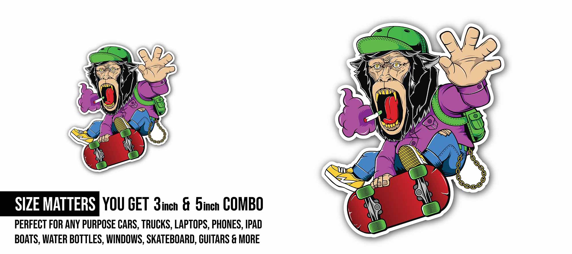 Monkey Skateboard Sticker, Waterproof Vinyl Decal Sticker Indoor Or Outdoor 2 (Pieces) 3" and 5"