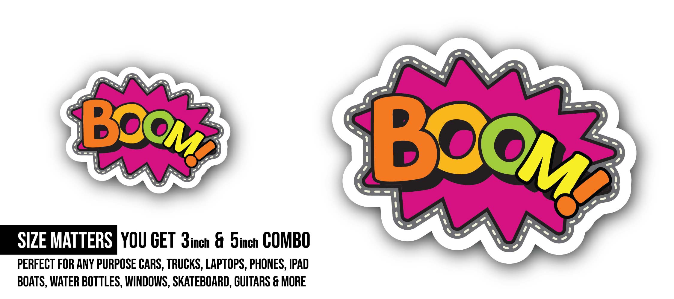 BOOM Text Sticker, Waterproof Vinyl Decal Sticker Indoor Or Outdoor 2 (Pieces) 3" and 5"