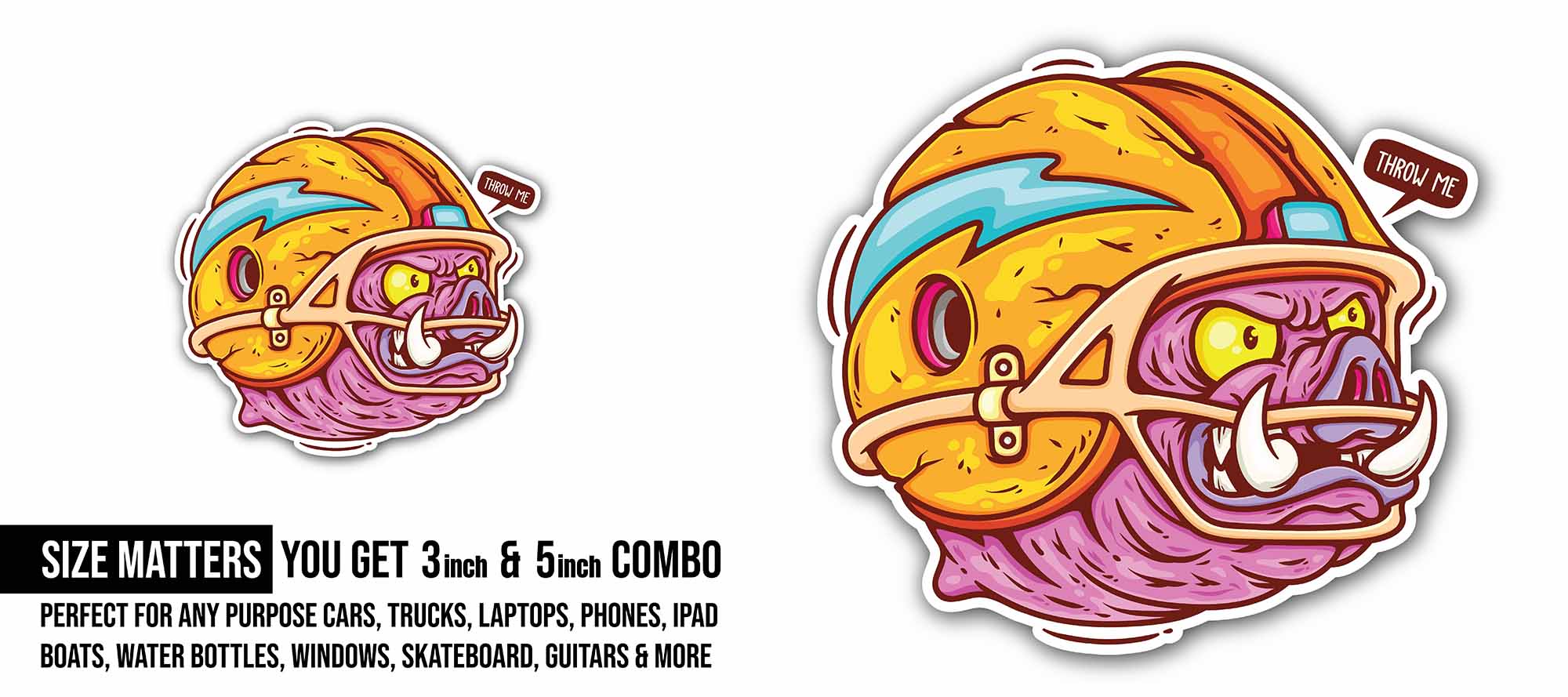 Wild Boar With Baseball Helmet Sticker, Waterproof Vinyl Decal Sticker Indoor Or Outdoor 2 (Pieces) 3" and 5"