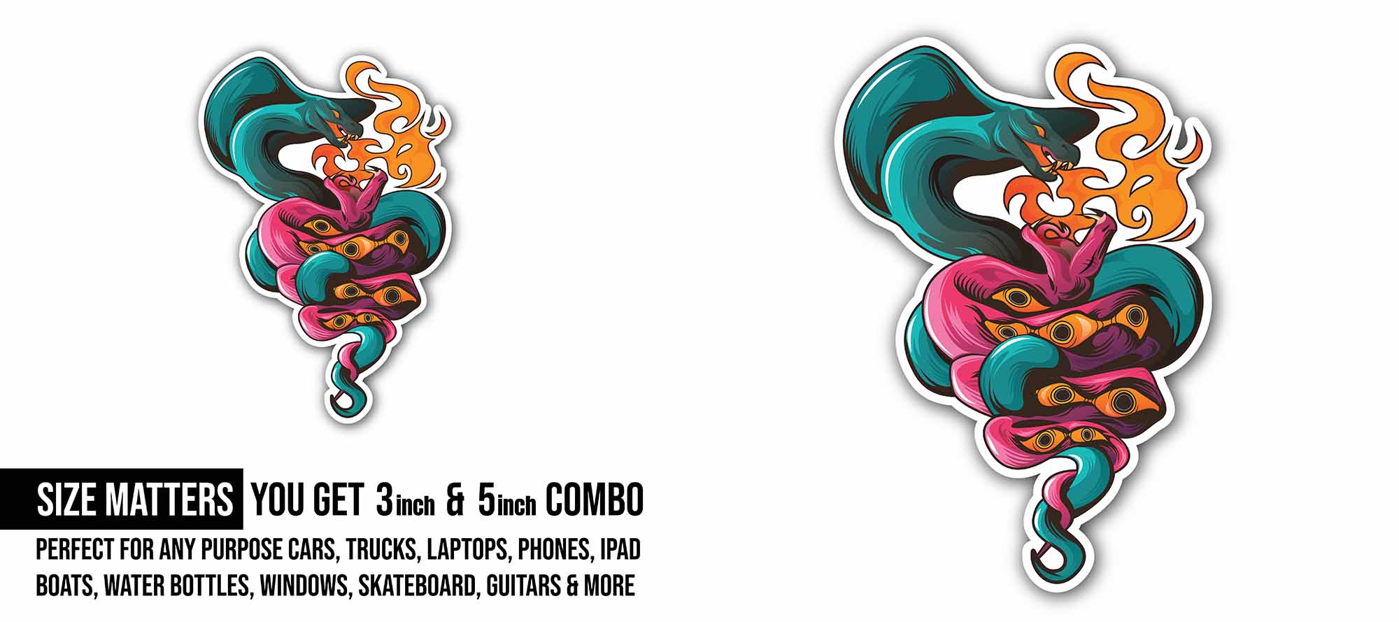 Dangerous Snake and eyes Sticker, Waterproof Vinyl Decal Sticker Indoor Or Outdoor 2 (Pieces) 3" and 5"