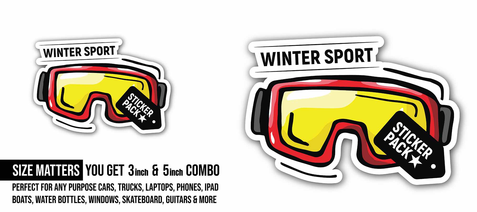 Winter Sport Goggles Sticker, Waterproof Vinyl Decal Sticker Indoor Or Outdoor 2 (Pieces) 3" and 5"