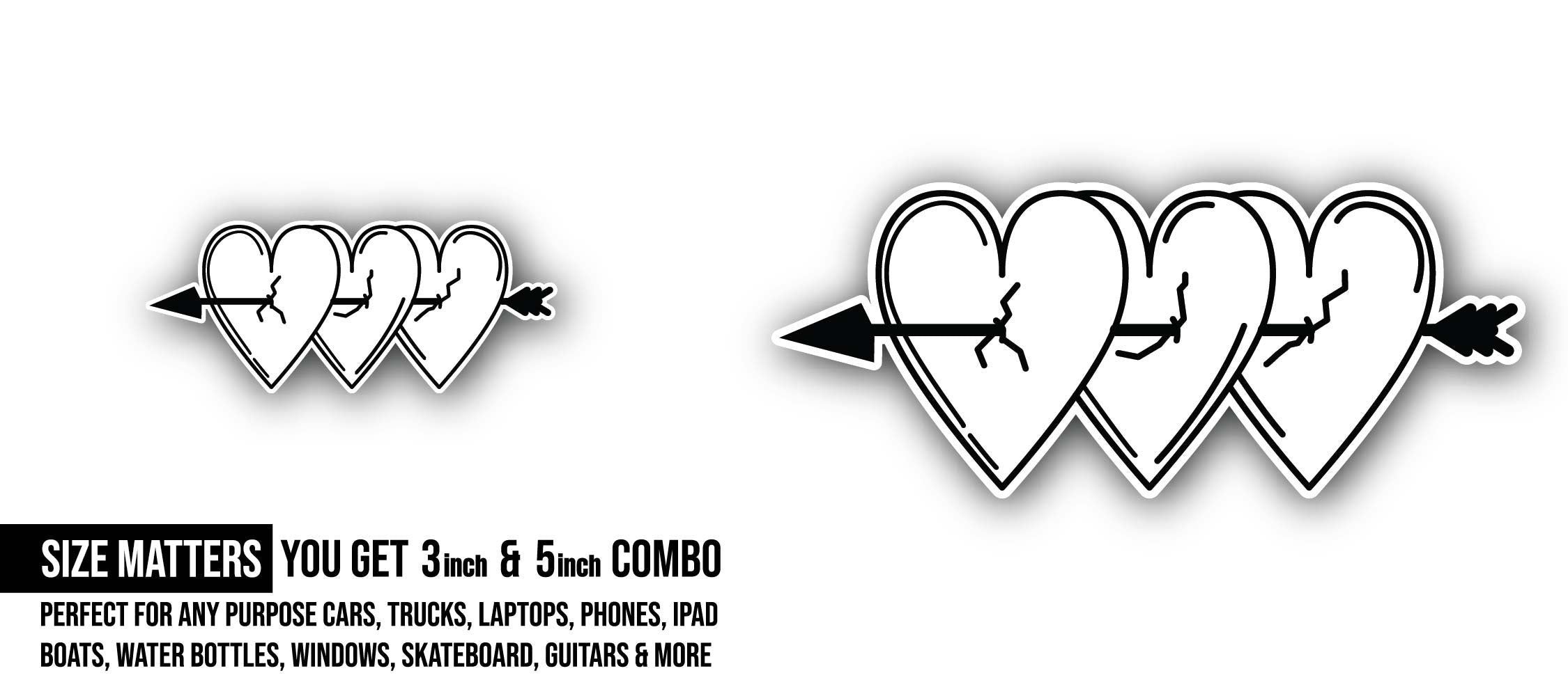 Three harts with arrow Sticker, Waterproof Vinyl Decal Sticker Indoor Or Outdoor 2 (Pieces) 3" and 5"