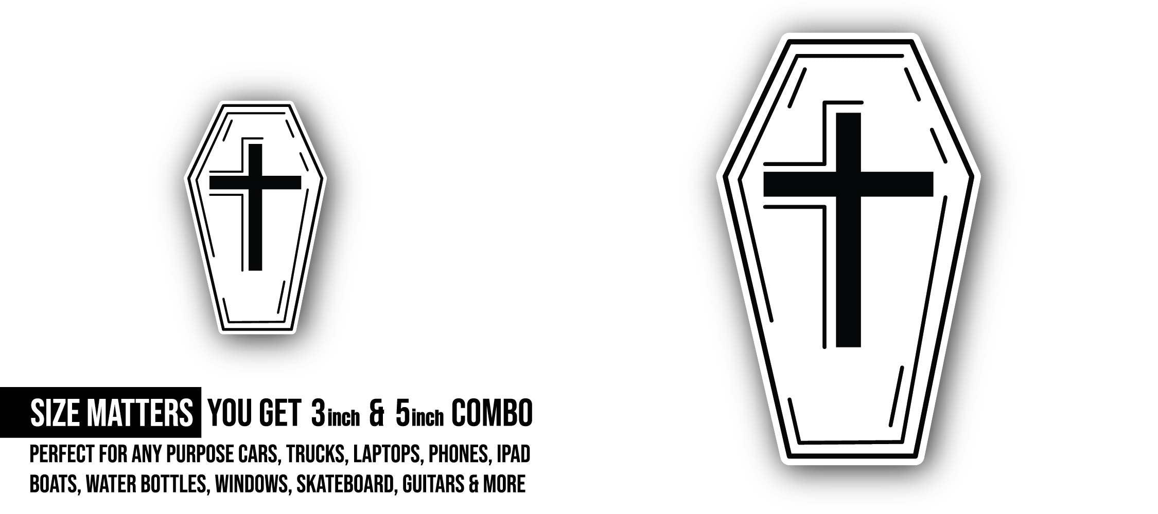 Black Coffin Sticker, Waterproof Vinyl Decal Sticker Indoor Or Outdoor 2 (Pieces) 3" and 5"