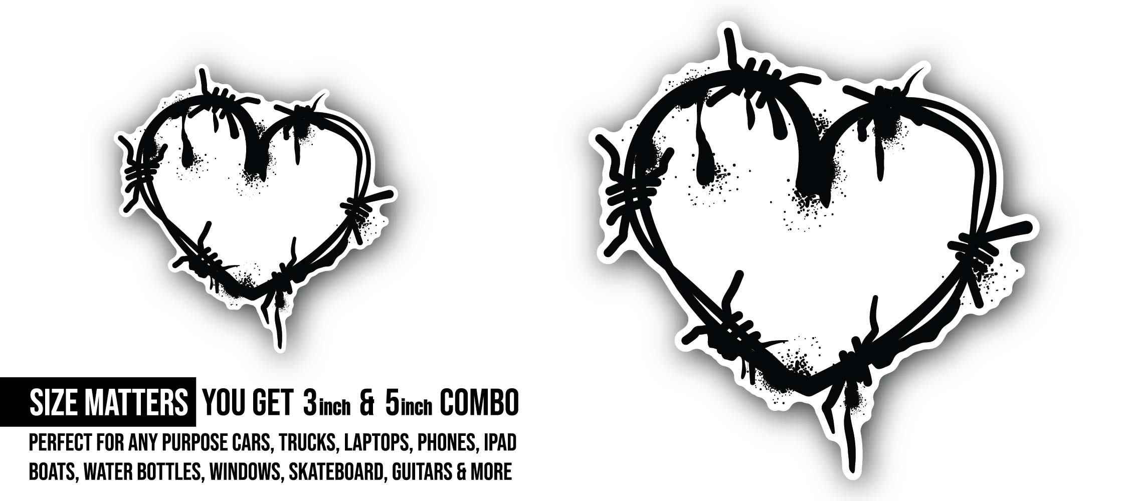Barb wire heart Sticker, Waterproof Vinyl Decal Sticker Indoor Or Outdoor 2 (Pieces) 3" and 5"