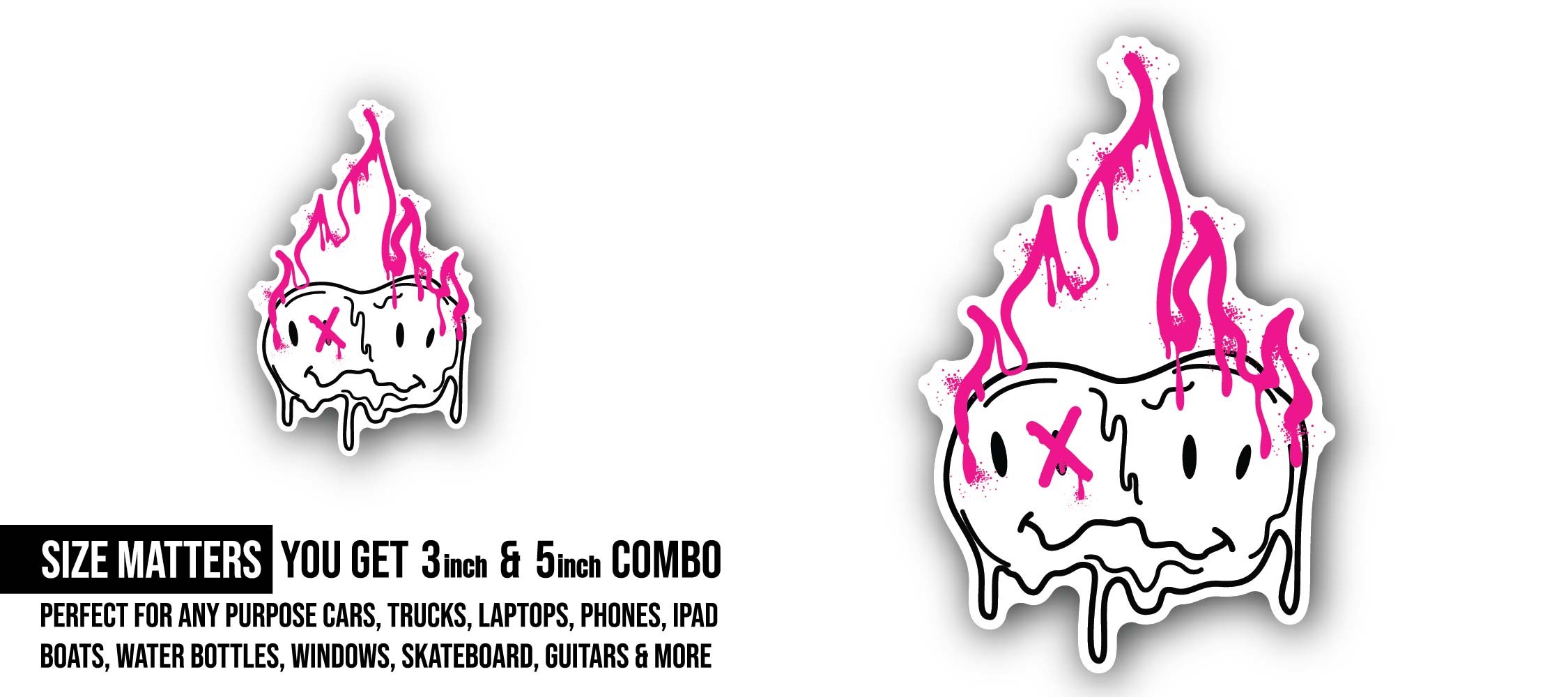 Pink Fire Head Sticker, Waterproof Vinyl Decal Sticker Indoor Or Outdoor 2 (Pieces) 3" and 5"