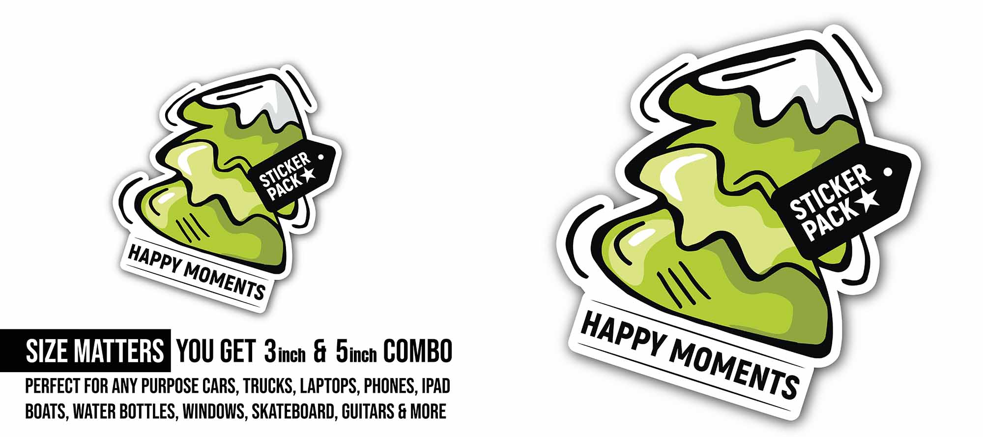 Happy Moments Sticker, Waterproof Vinyl Decal Sticker Indoor Or Outdoor 2 (Pieces) 3" and 5"