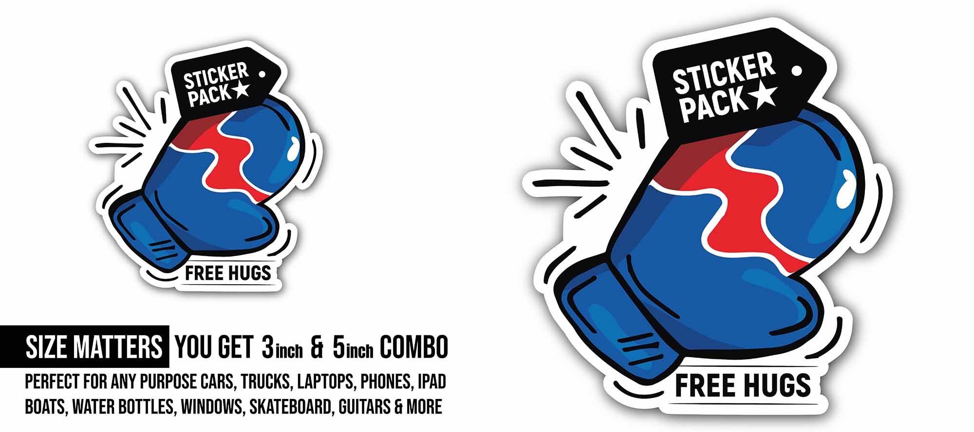 Boxing Glove free hugs text Sticker, Waterproof Vinyl Decal Sticker Indoor Or Outdoor 2 (Pieces) 3" and 5"