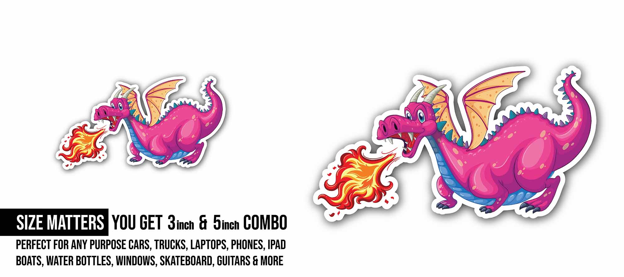 Dragon blowing fire Sticker, Waterproof Vinyl Decal Sticker Indoor Or Outdoor 2 (Pieces) 3" and 5"