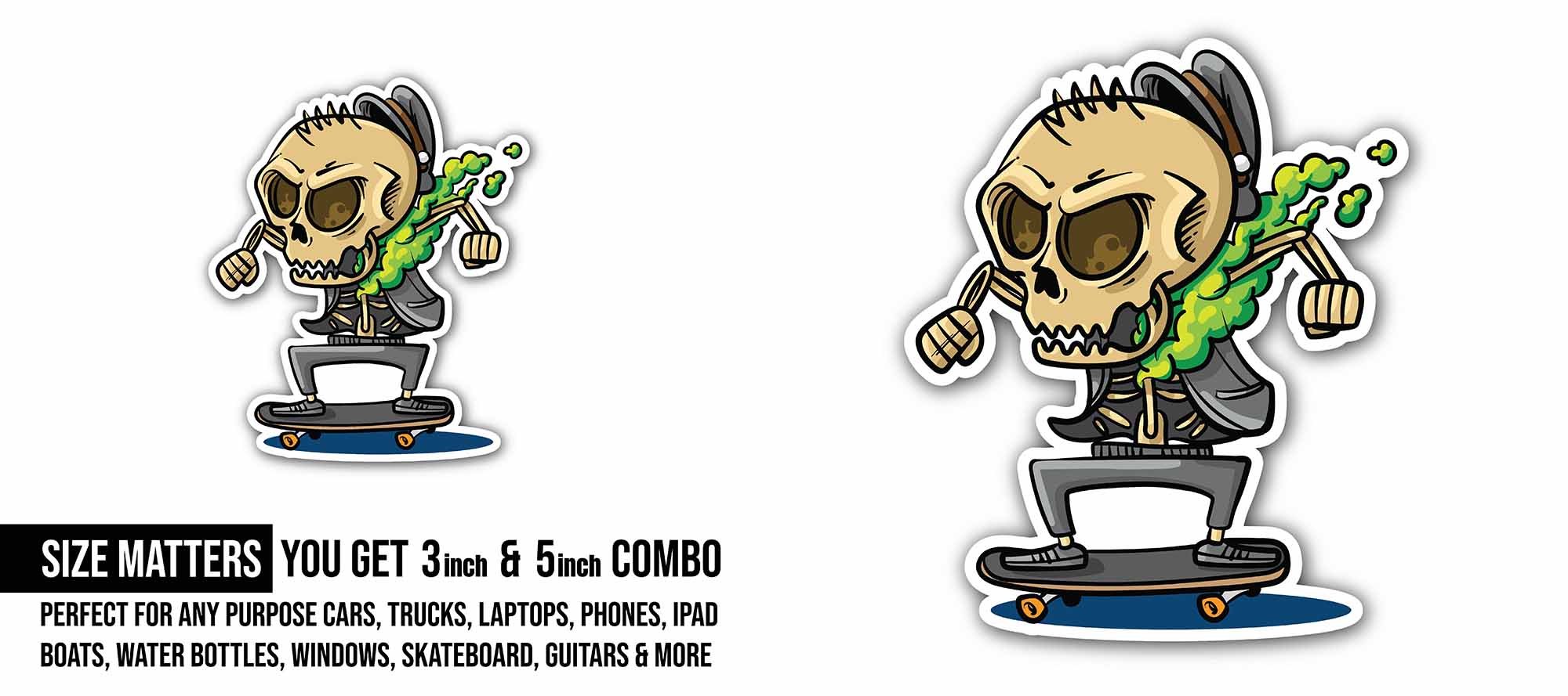 Skating Skull Sticker, Waterproof Vinyl Decal Sticker Indoor Or Outdoor 2 (Pieces) 3" and 5"
