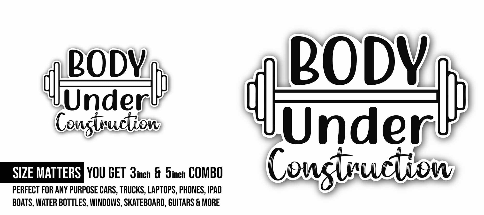 Body Under Construction Text Sticker, Waterproof Vinyl Decal Sticker Indoor Or Outdoor 2 (Pieces) 3" and 5"