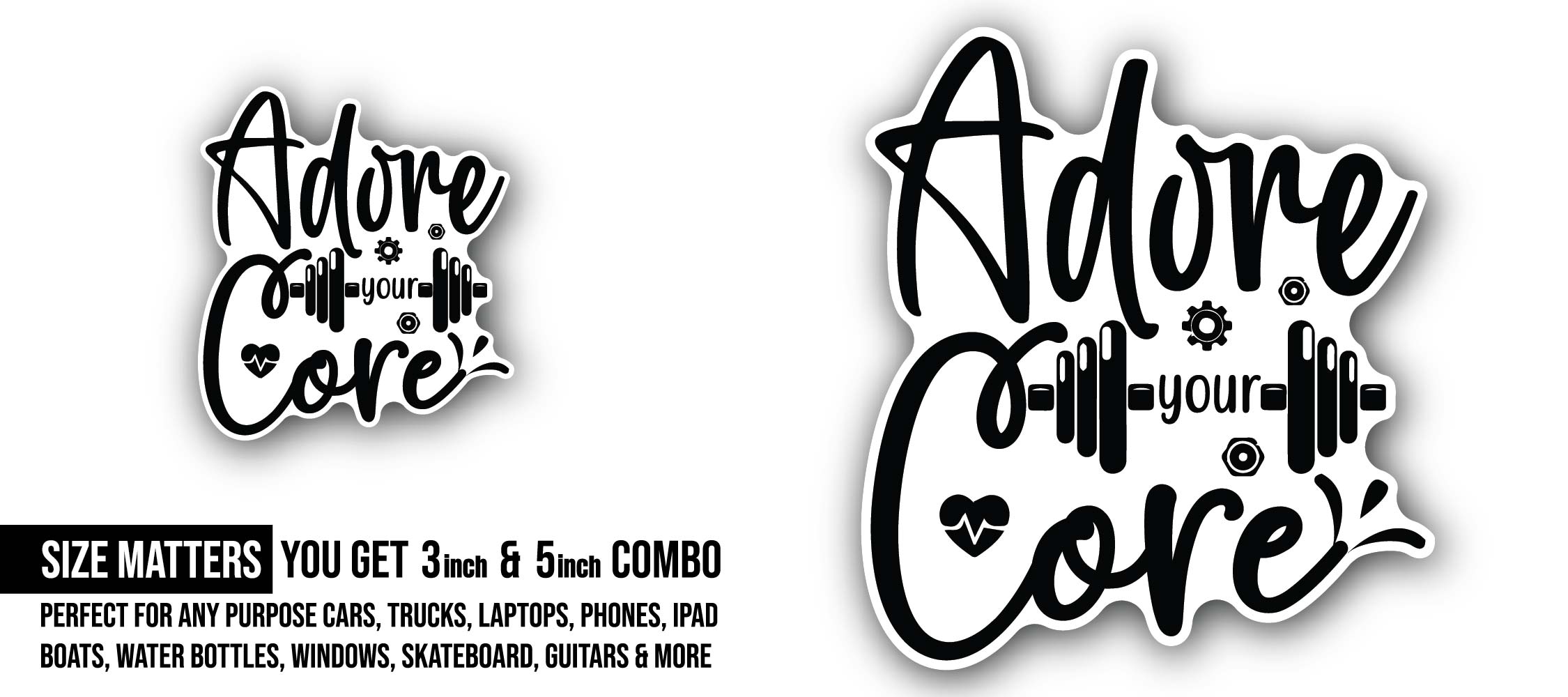 Adore Your Core text Sticker, Waterproof Vinyl Decal Sticker Indoor Or Outdoor 2 (Pieces) 3" and 5"