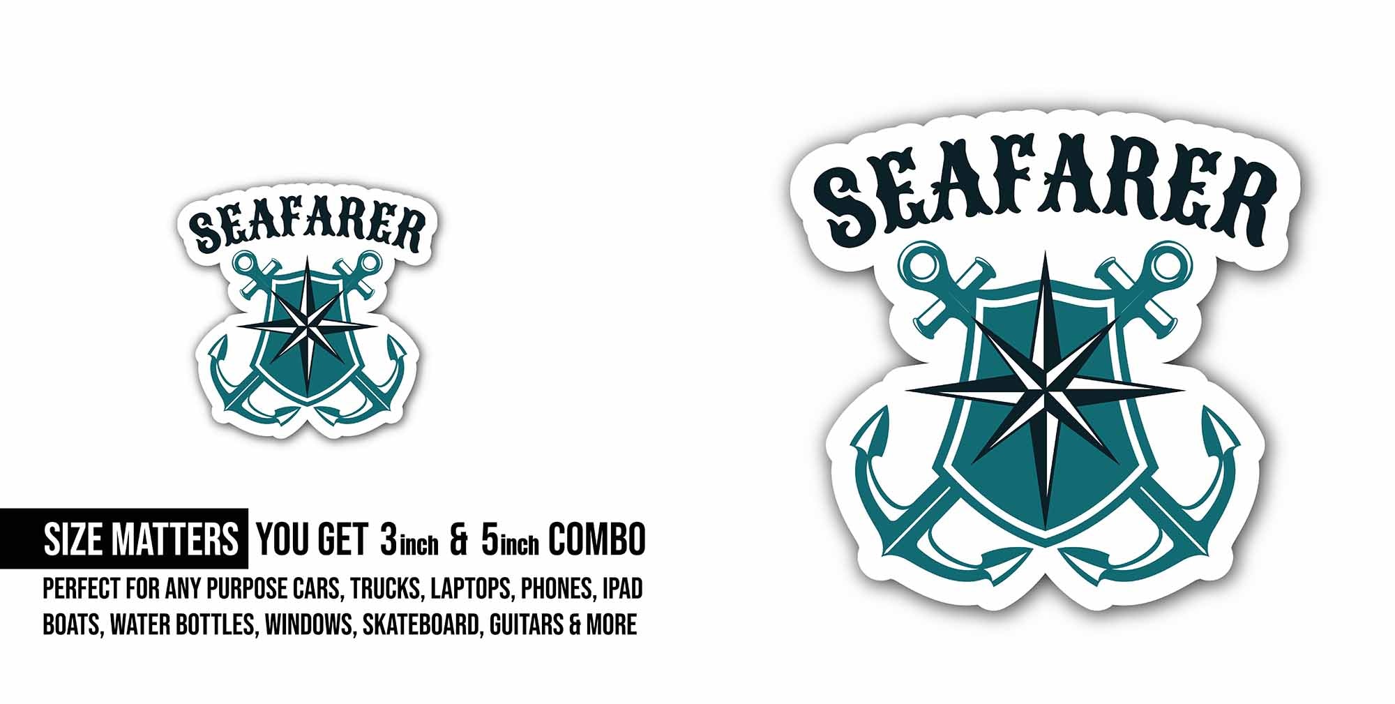 Seafarer Seal Sticker, Waterproof Vinyl Decal Sticker Indoor Or Outdoor 2 (Pieces) 3" and 5"