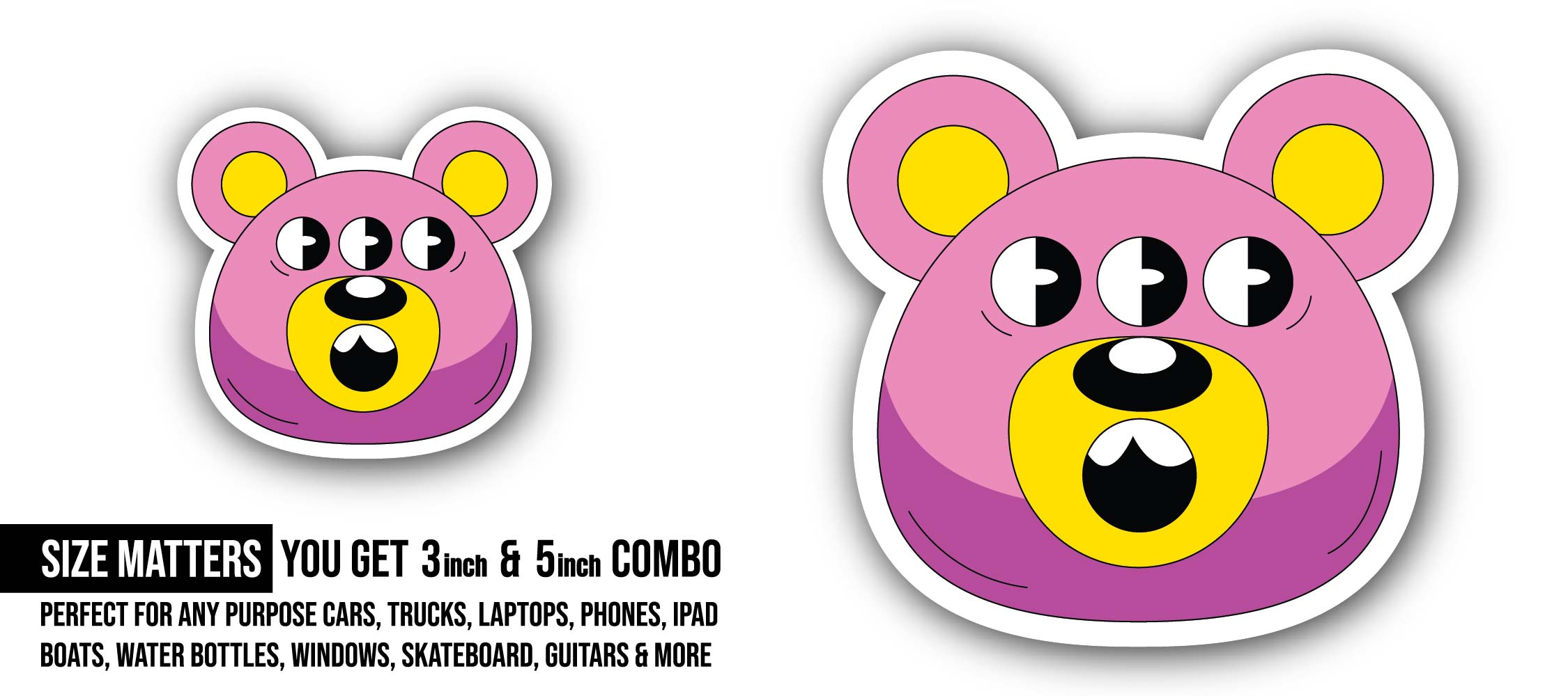 Tri-Eye Bear Sticker, Waterproof Vinyl Decal Sticker Indoor Or Outdoor 2 (Pieces) 3" and 5"