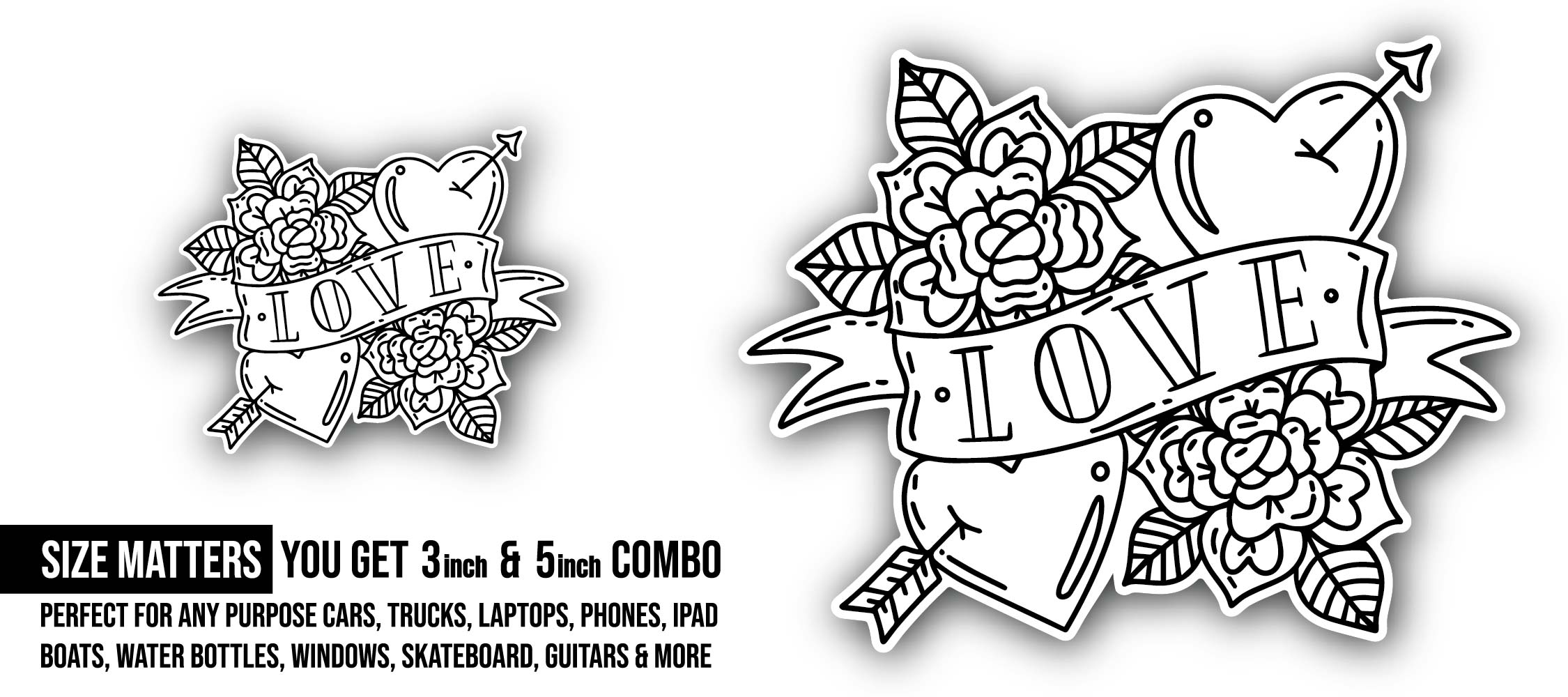 Love vector Art Sticker, Waterproof Vinyl Decal Sticker Indoor Or Outdoor 2 (Pieces) 3" and 5"