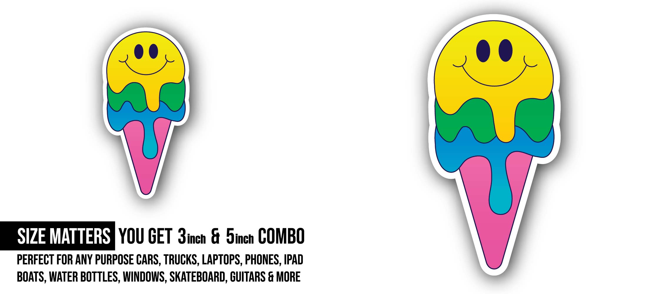 Smile Face Ice Cream Sticker, Waterproof Vinyl Decal Sticker Indoor Or Outdoor 2 (Pieces) 3" and 5"