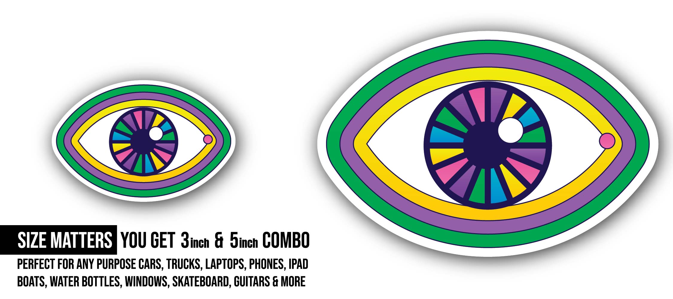 Colorful Eye Sticker, Waterproof Vinyl Decal Sticker Indoor Or Outdoor 2 (Pieces) 3" and 5"