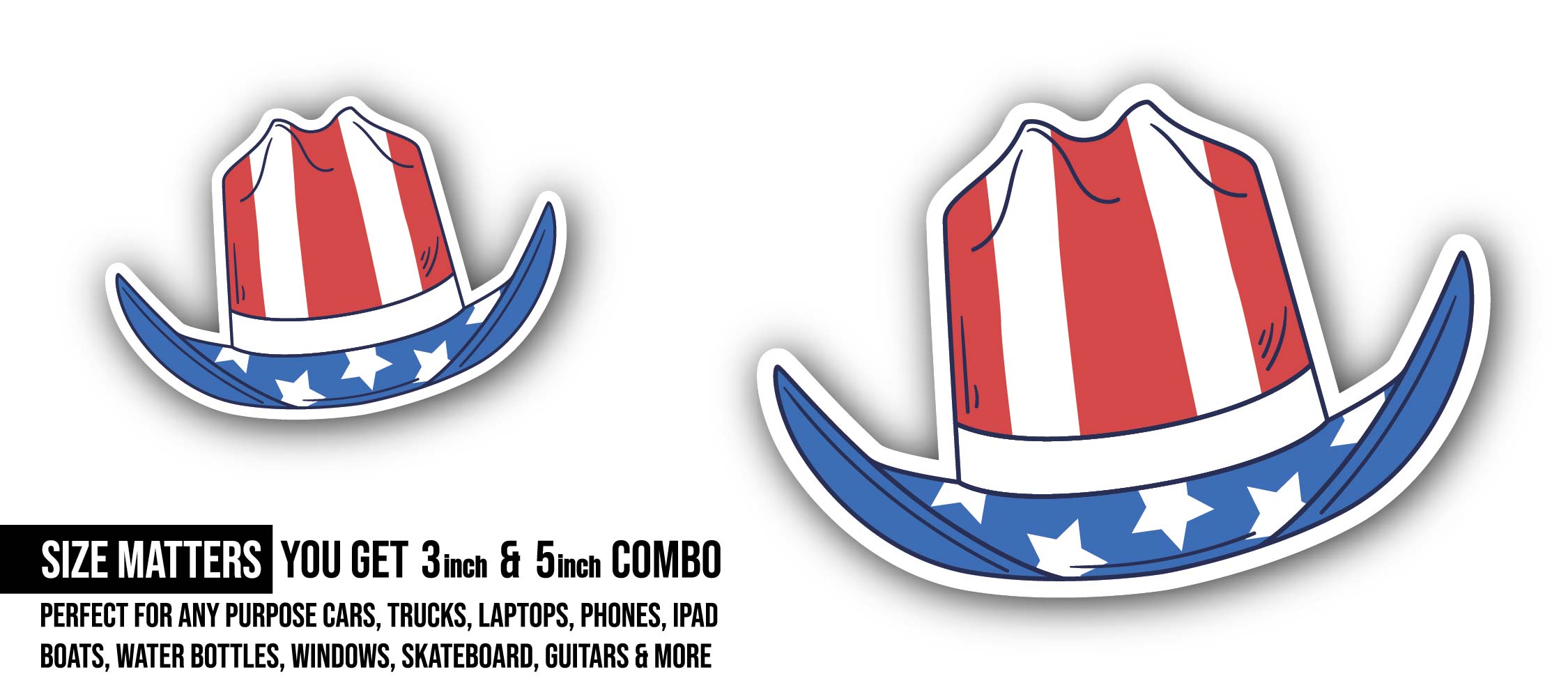 American Flag Cowboy Hat Sticker, Waterproof Vinyl Decal Sticker Indoor Or Outdoor 2 (Pieces) 3" and 5"