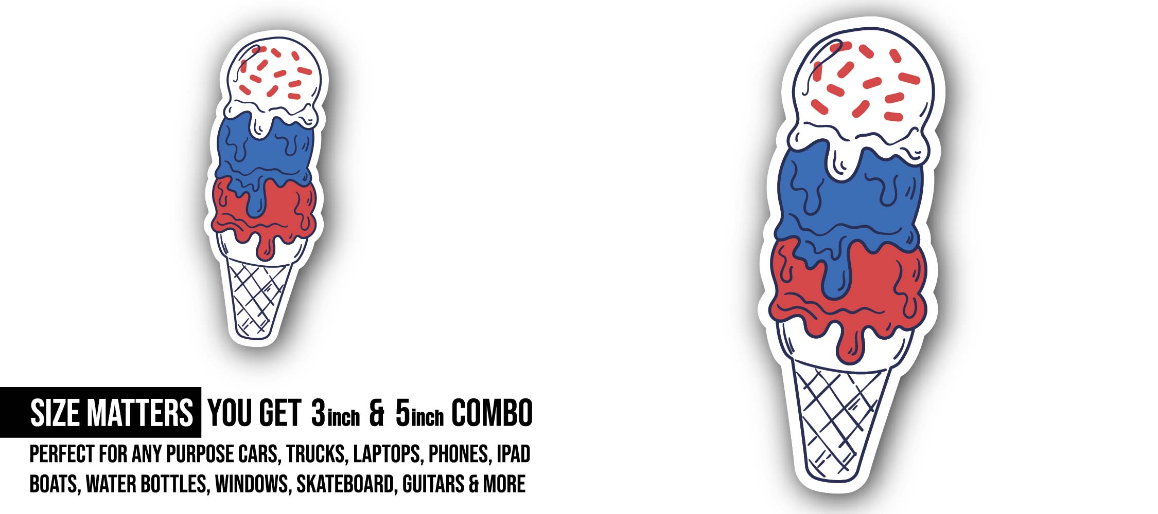 Independence Day Ice Cream Sticker, Waterproof Vinyl Decal Sticker Indoor Or Outdoor 2 (Pieces) 3" and 5"
