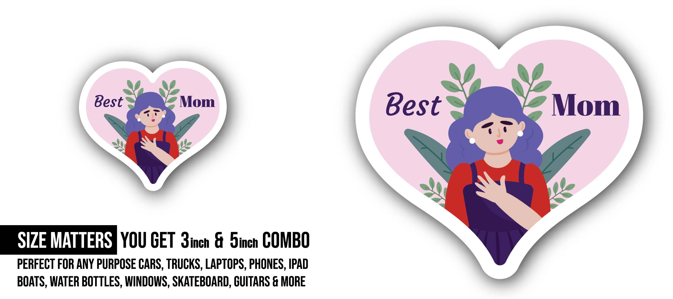 Best Mom Sticker, Waterproof Vinyl Decal Sticker Indoor Or Outdoor 2 (Pieces) 3" and 5"