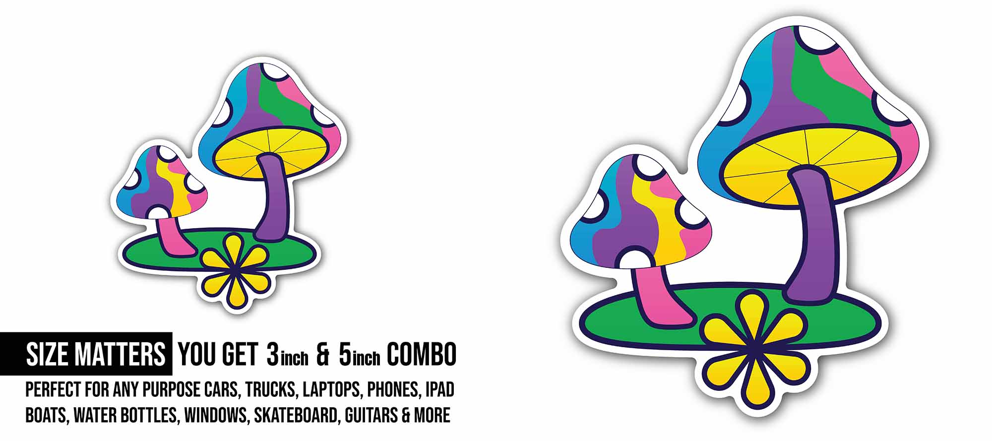 Colorful Mushroom Sticker, Waterproof Vinyl Decal Sticker Indoor Or Outdoor 2 (Pieces) 3" and 5"