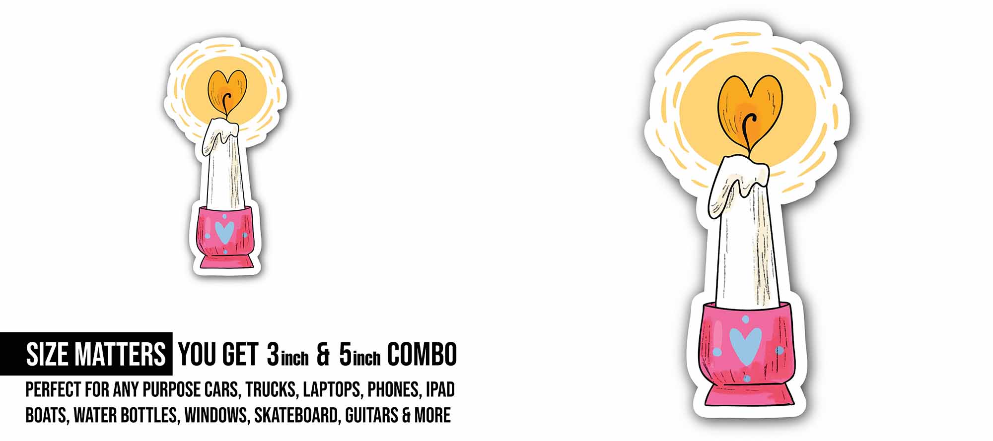 Heart Shaped Candle Sticker, Waterproof Vinyl Decal Sticker Indoor Or Outdoor 2 (Pieces) 3" and 5"