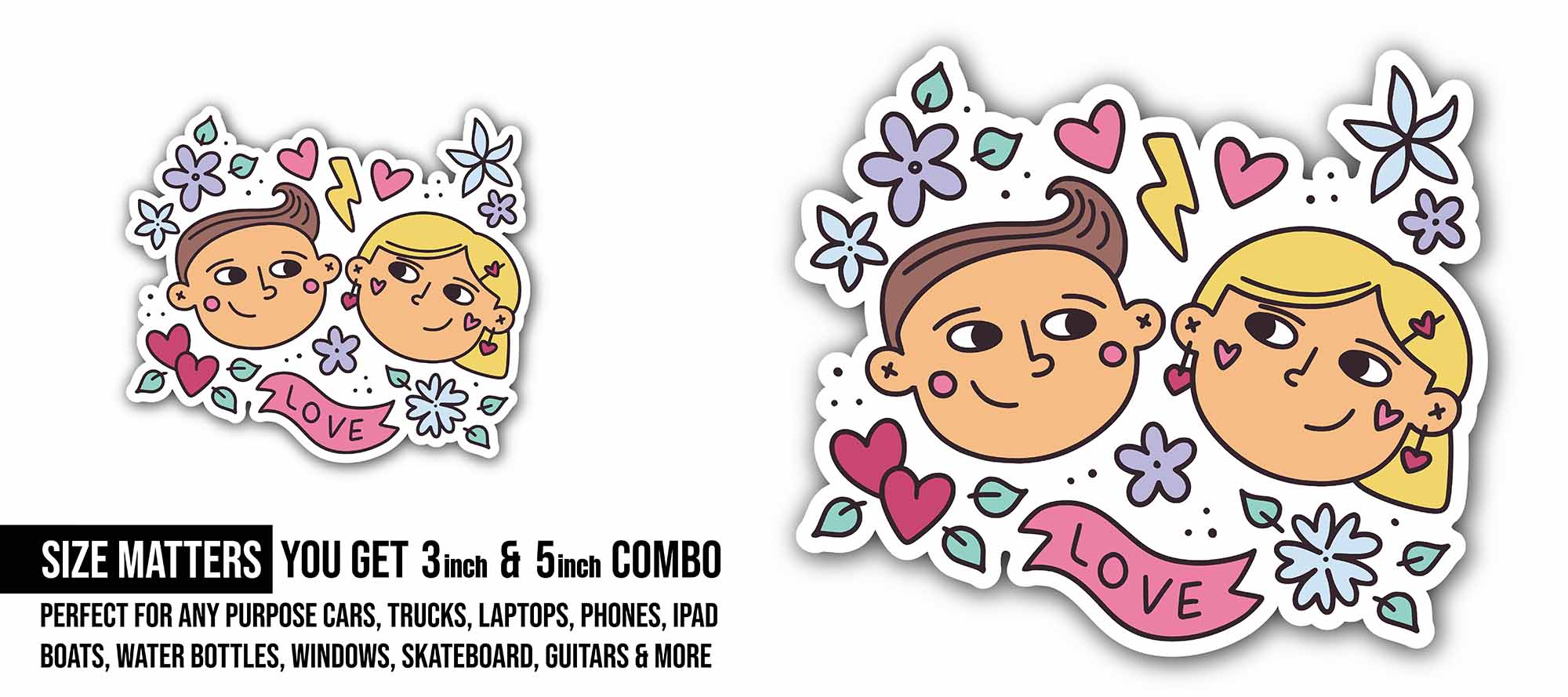 Cute Love Sticker, Waterproof Vinyl Decal Sticker Indoor Or Outdoor 2 (Pieces) 3" and 5"