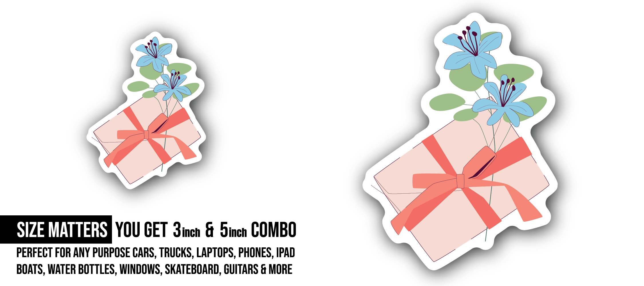 Gift Box with Flower Sticker, Waterproof Vinyl Decal Sticker Indoor Or Outdoor 2 (Pieces) 3" and 5"