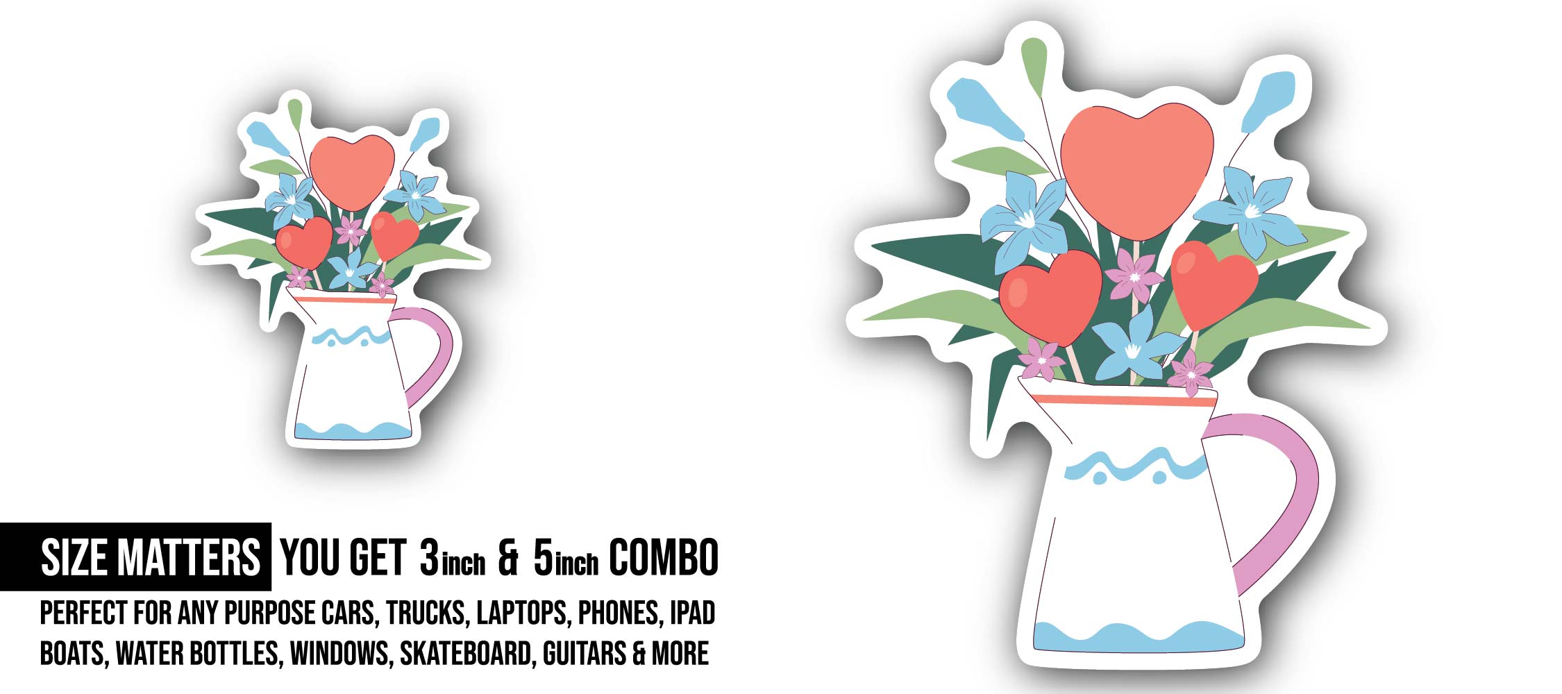Heart Bouquet Sticker, Waterproof Vinyl Decal Sticker Indoor Or Outdoor 2 (Pieces) 3" and 5"