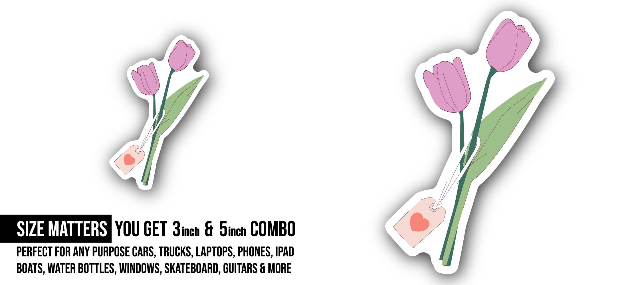 Tulip Heart Tag Sticker, Waterproof Vinyl Decal Sticker Indoor Or Outdoor 2 (Pieces) 3" and 5"