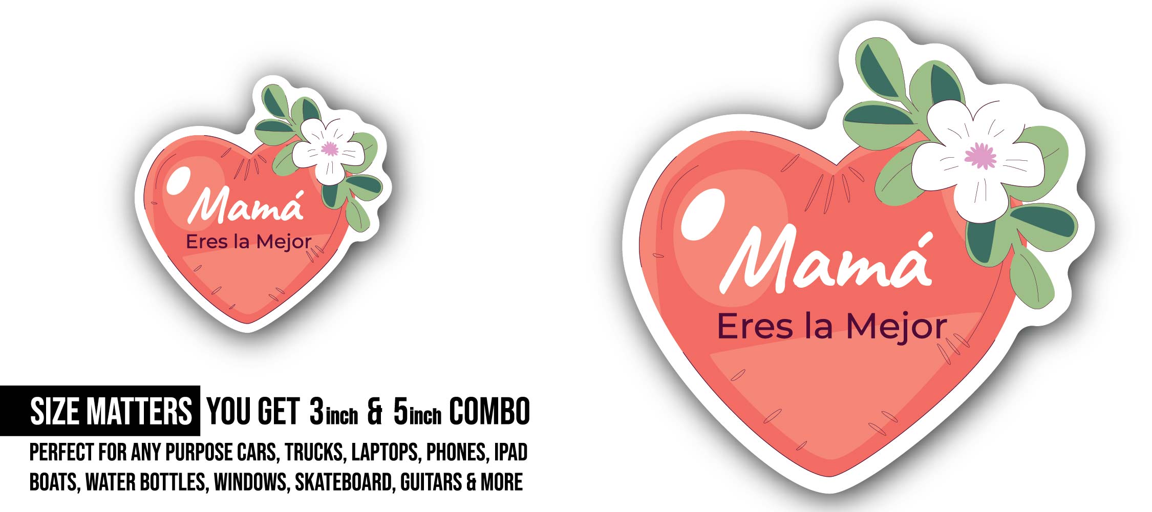 Heart for Mom Sticker, Waterproof Vinyl Decal Sticker Indoor Or Outdoor 2 (Pieces) 3" and 5"
