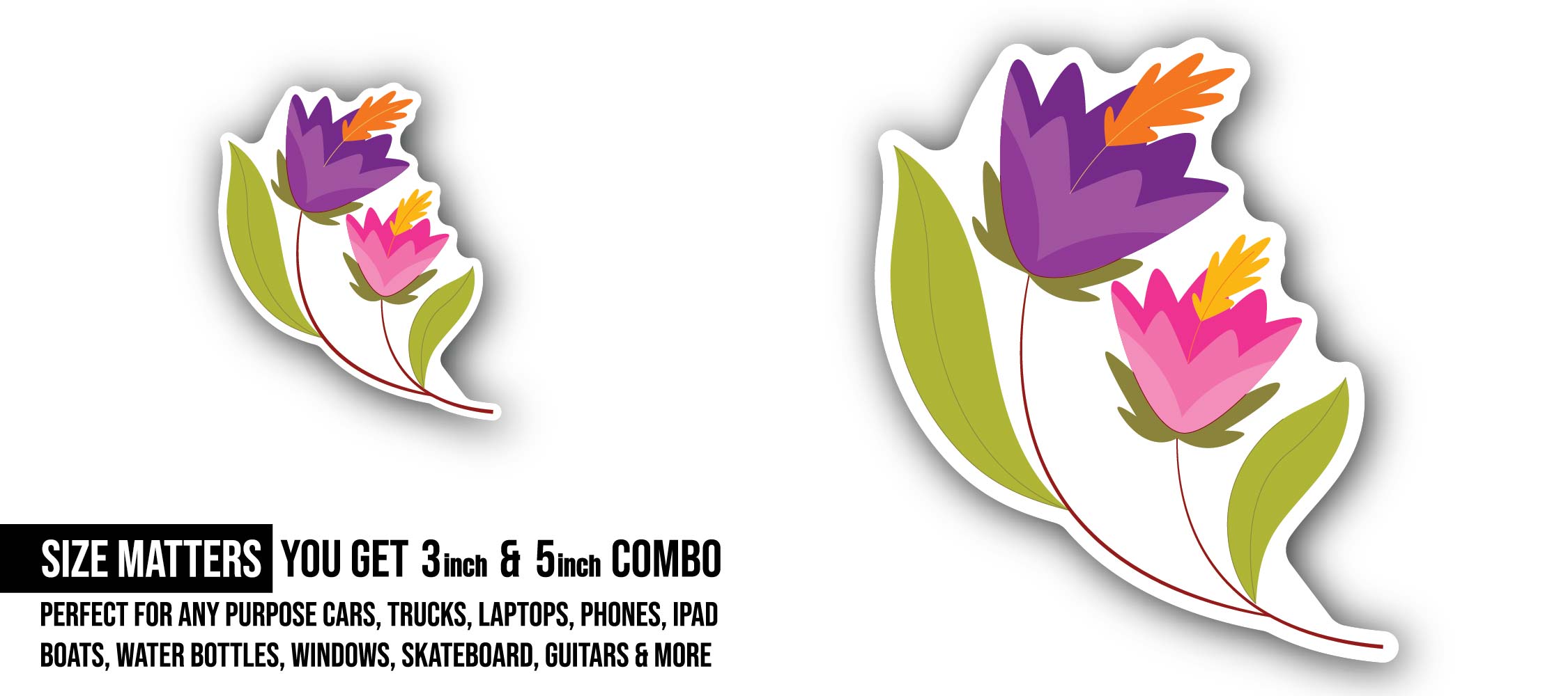 Colorful Flowers Sticker, Waterproof Vinyl Decal Sticker Indoor Or Outdoor 2 (Pieces) 3" and 5"