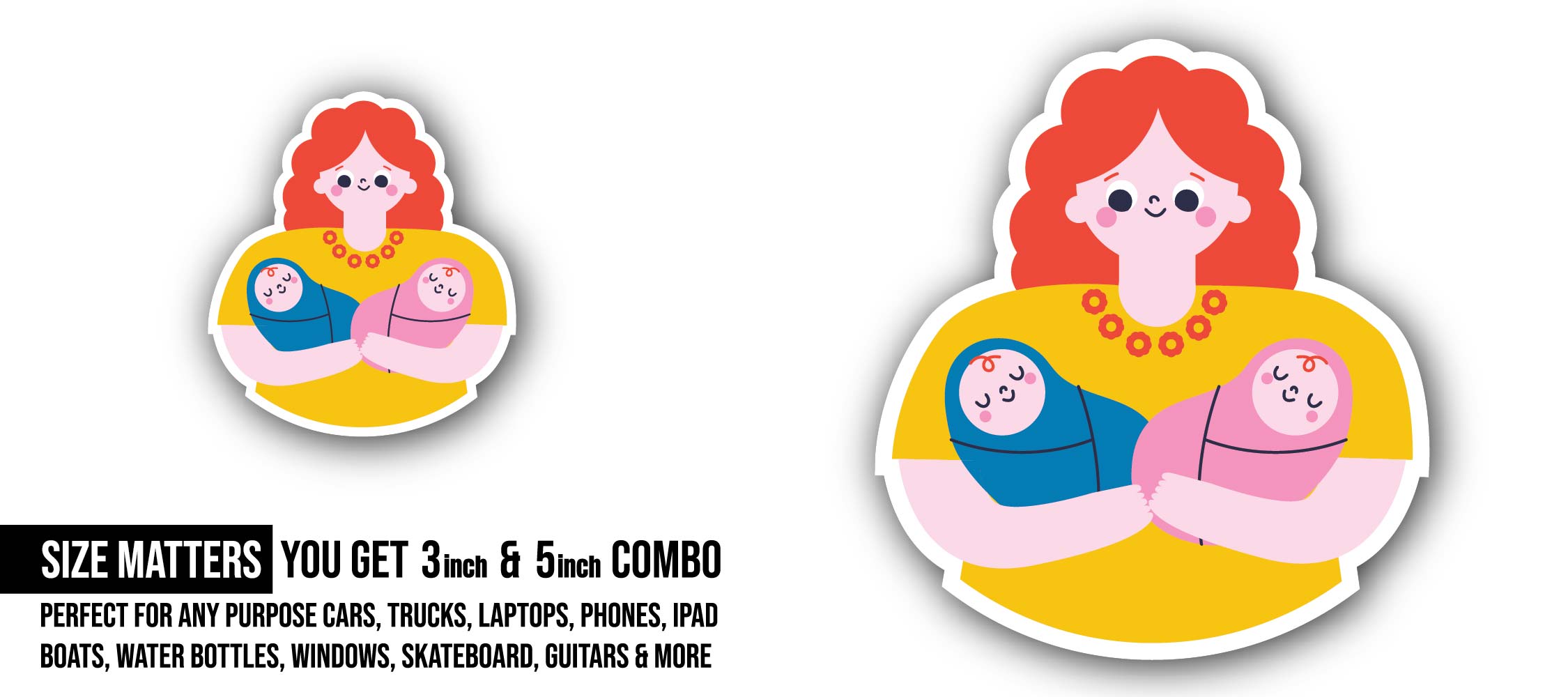 Mother holding twin babies Sticker, Waterproof Vinyl Decal Sticker Indoor Or Outdoor 2 (Pieces) 3" and 5"