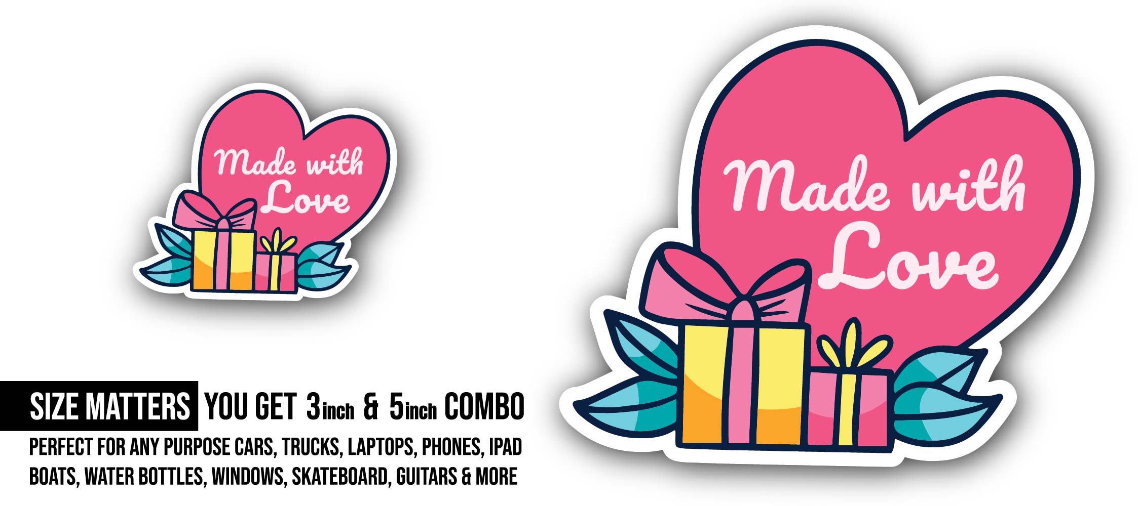 Made with Love & Gift box Sticker, Waterproof Vinyl Decal Sticker Indoor Or Outdoor 2 (Pieces) 3" and 5"