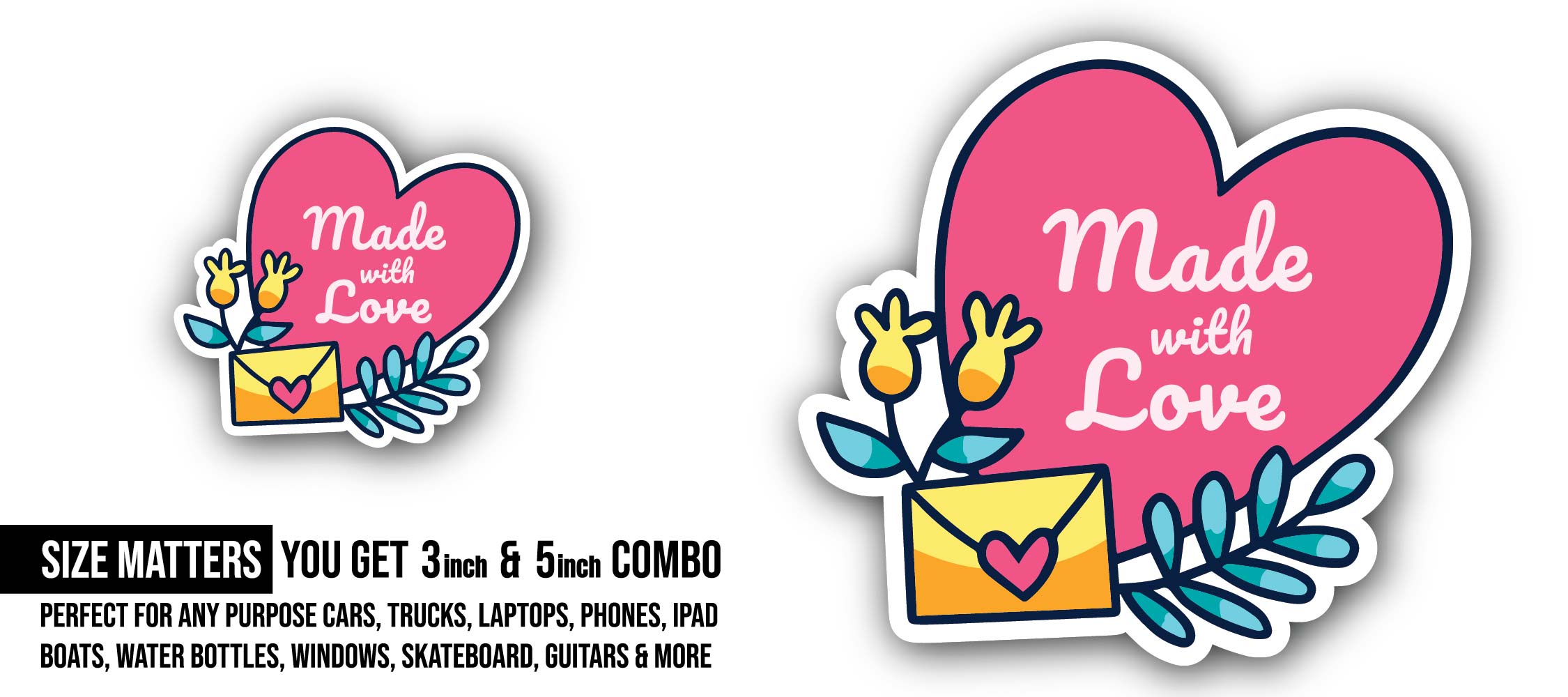 Made with Love & Letter Sticker, Waterproof Vinyl Decal Sticker Indoor Or Outdoor 2 (Pieces) 3" and 5"