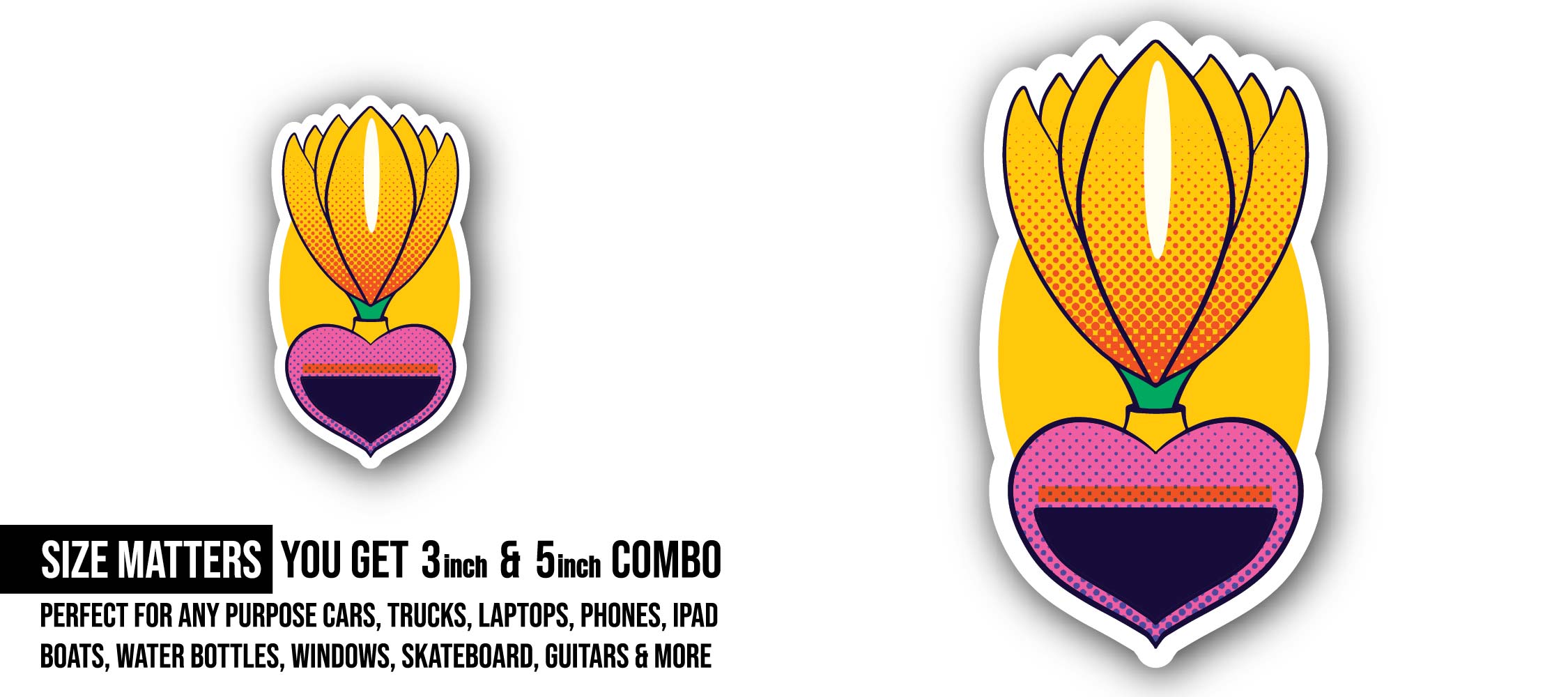 Flower Icon Sticker, Waterproof Vinyl Decal Sticker Indoor Or Outdoor 2 (Pieces) 3" and 5"