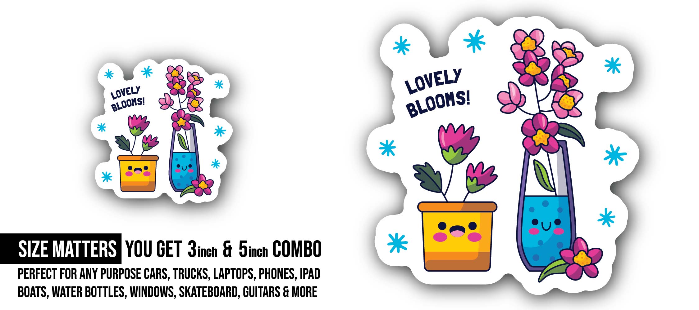 Lovely Blooms Sticker, Waterproof Vinyl Decal Sticker Indoor Or Outdoor 2 (Pieces) 3" and 5"