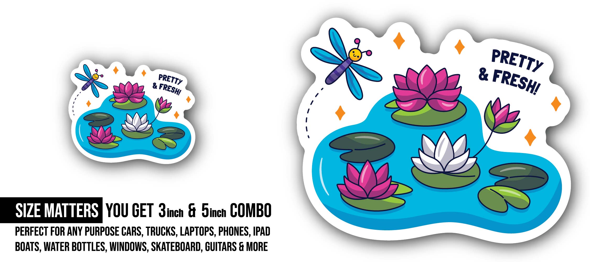 Pretty & Fresh Pond Sticker, Waterproof Vinyl Decal Sticker Indoor Or Outdoor 2 (Pieces) 3" and 5"