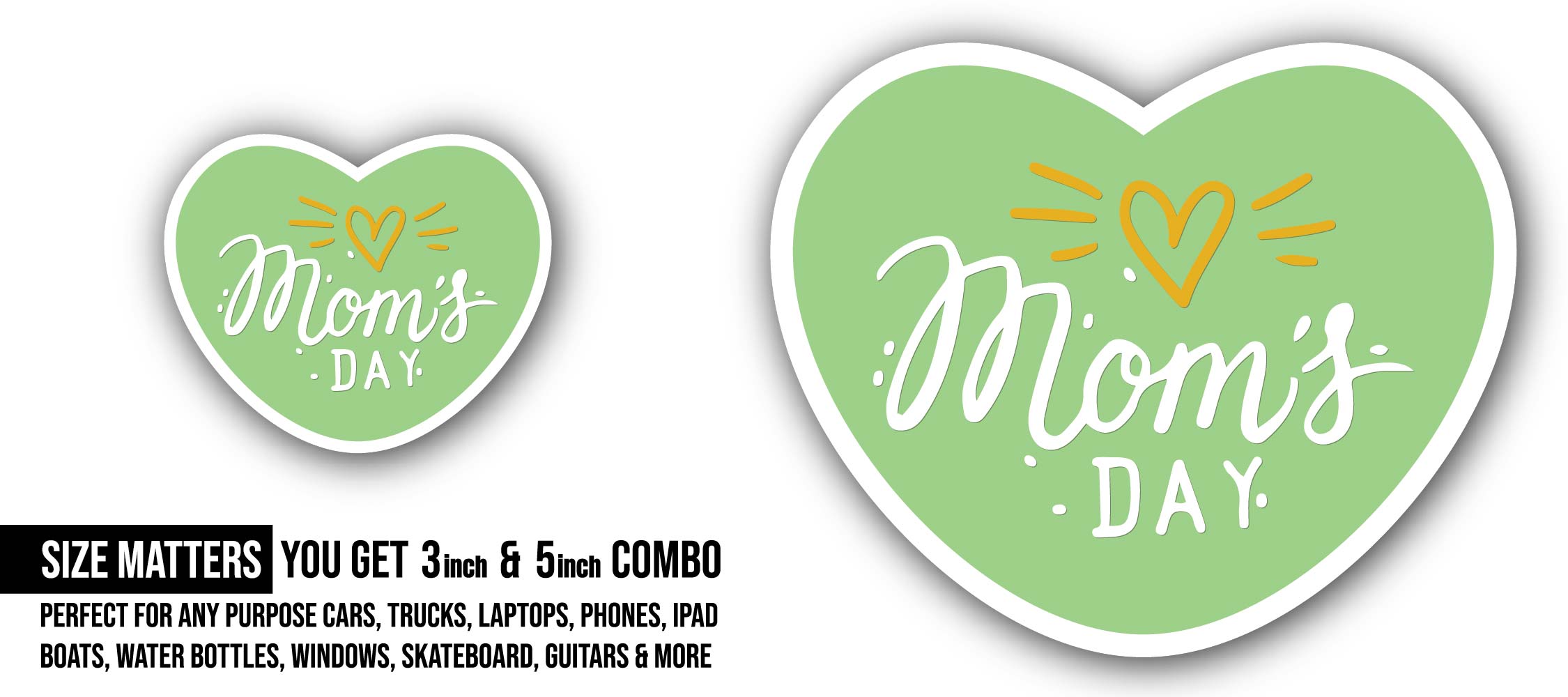 Green Background & Mom's Day Sticker, Waterproof Vinyl Decal Sticker Indoor Or Outdoor 2 (Pieces) 3" and 5"