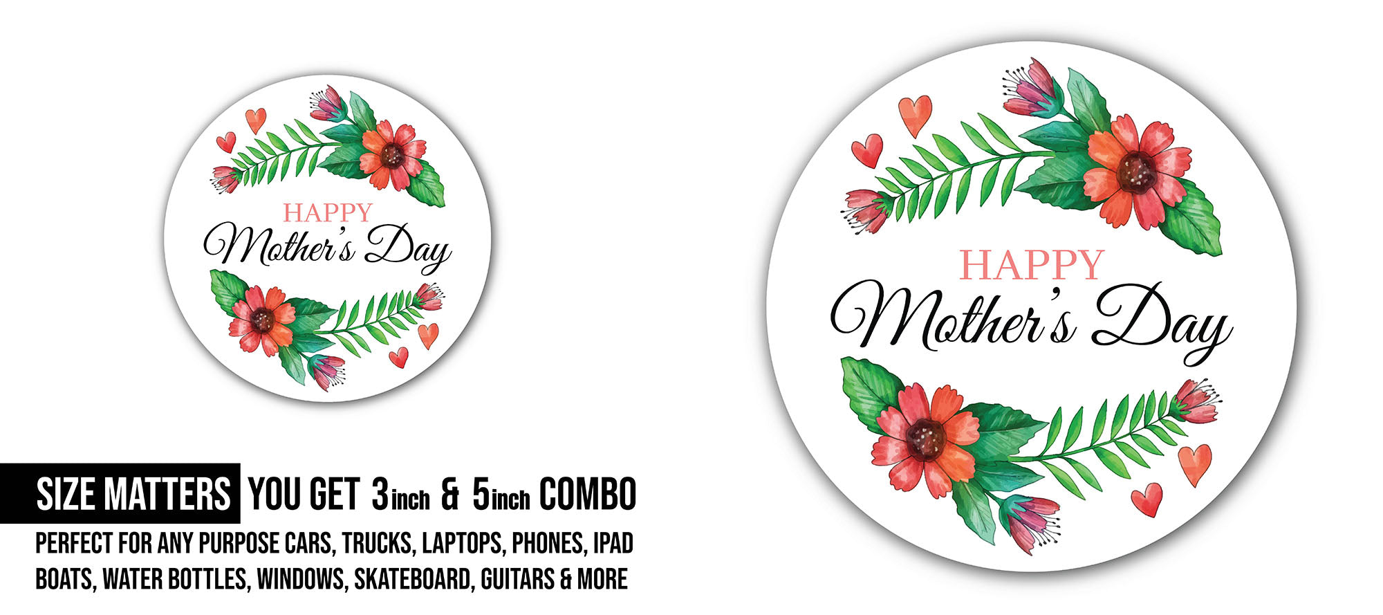 Happy Mother's Day Floral Frame Background Sticker, Waterproof Vinyl Decal Sticker Indoor Or Outdoor 2 (Pieces) 3" and 5"
