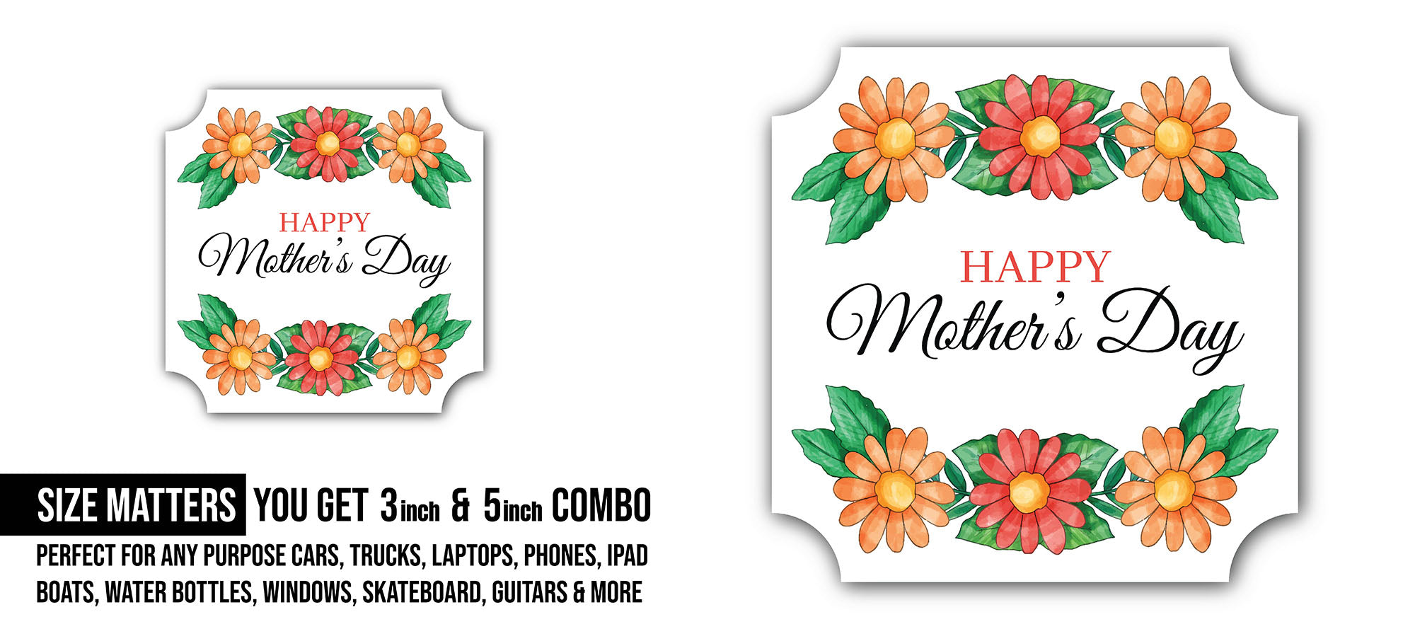 Happy Mother's Day Floral Frame Sticker, Waterproof Vinyl Decal Sticker Indoor Or Outdoor 2 (Pieces) 3" and 5"
