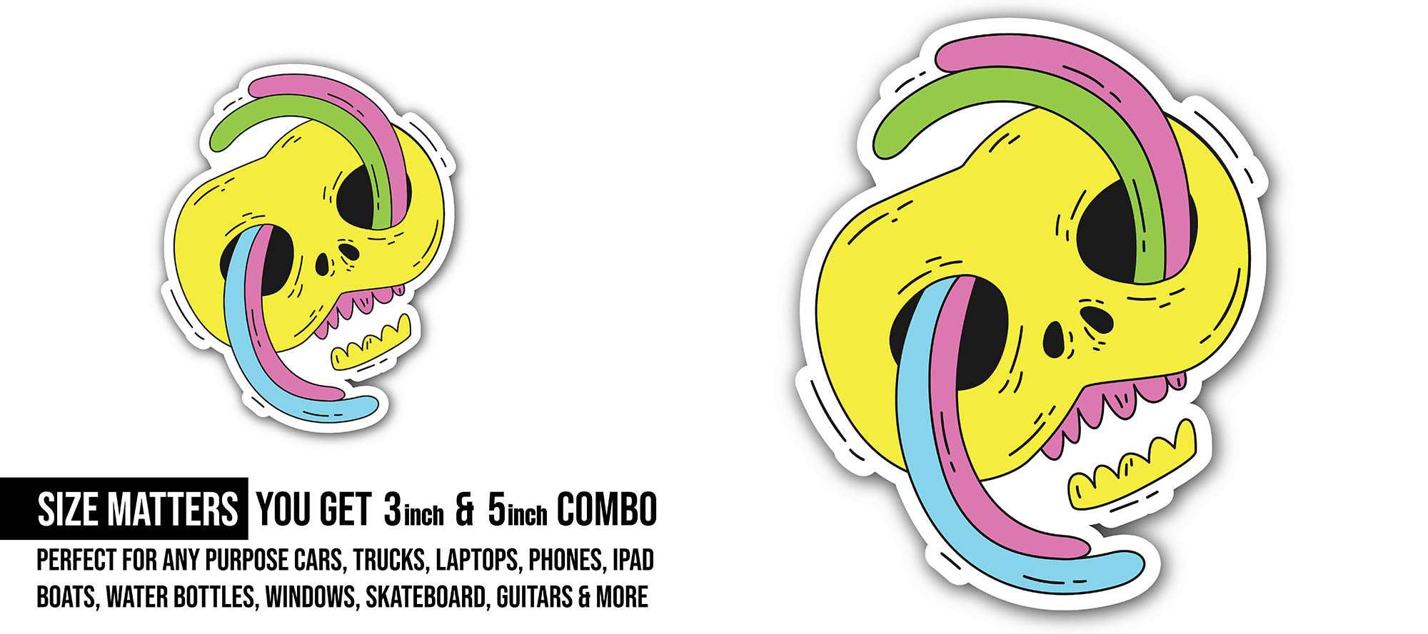 Yellow Skull Sticker, Waterproof Vinyl Decal Sticker Indoor Or Outdoor 2 (Pieces) 3" and 5"
