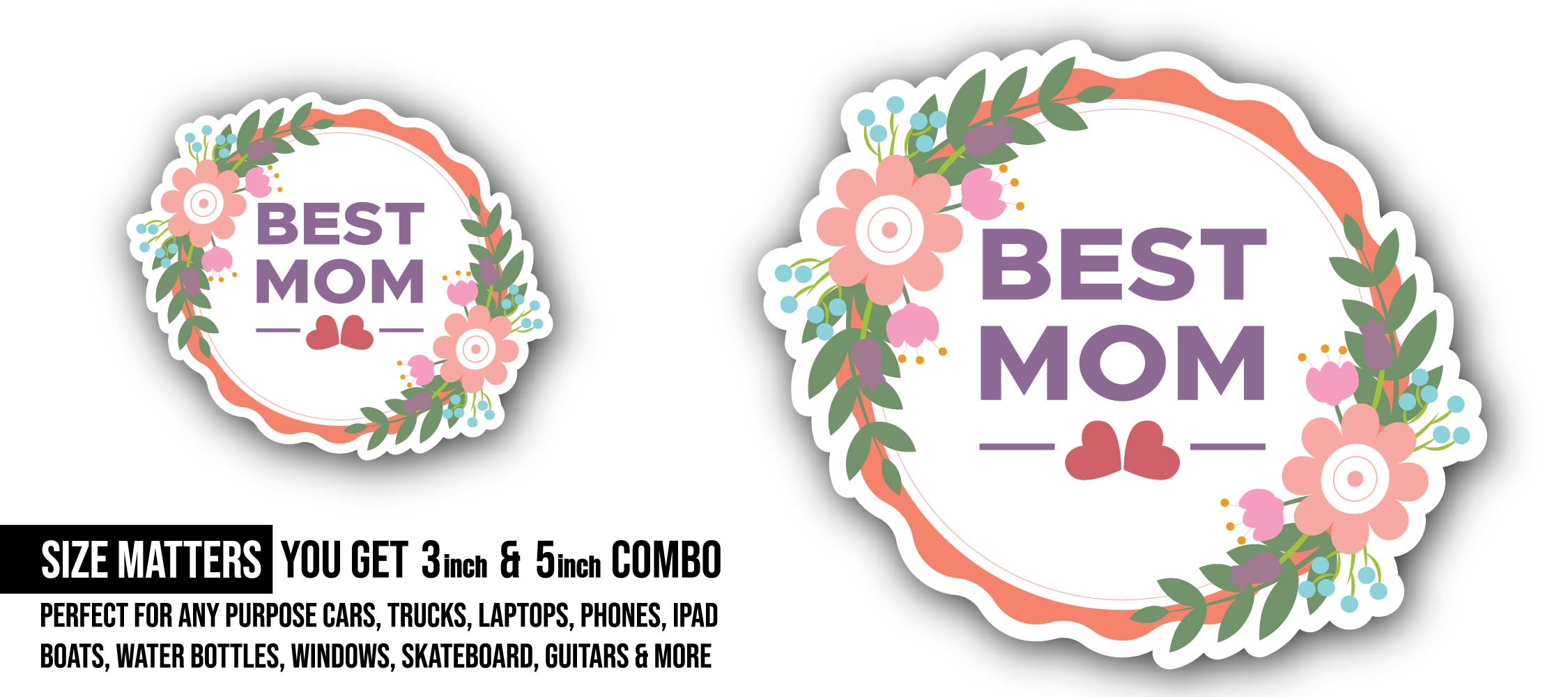 Best Mom & Red Hearts Sticker, Waterproof Vinyl Decal Sticker Indoor Or Outdoor 2 (Pieces) 3" and 5"