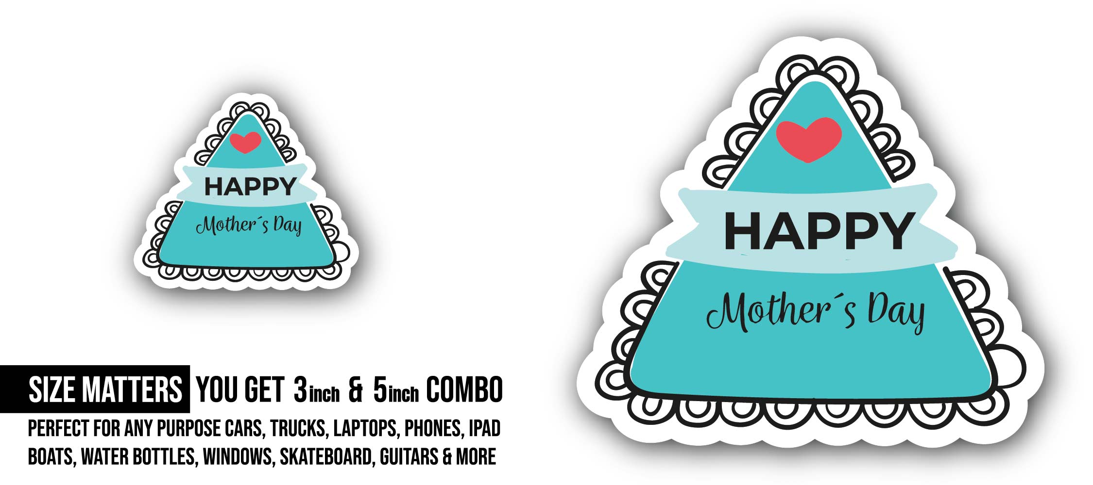 Happy Mother's Day with Red Heart Sticker, Waterproof Vinyl Decal Sticker Indoor Or Outdoor 2 (Pieces) 3" and 5"