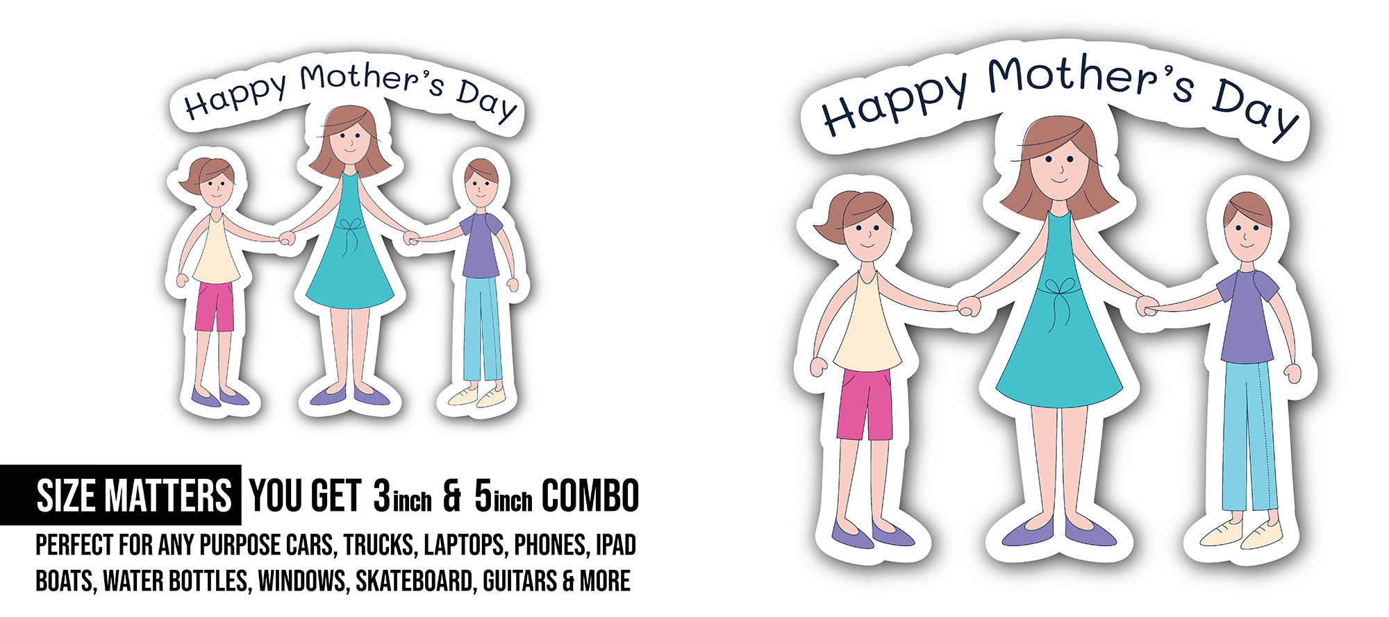 Happy Mother's Day Sticker, Waterproof Vinyl Decal Sticker Indoor Or Outdoor 2 (Pieces) 3" and 5"