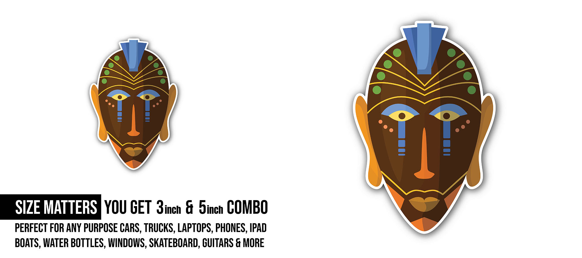 African ritual masked Sticker, Waterproof Vinyl Decal Sticker Indoor Or Outdoor 2 (Pieces) 3" and 5"